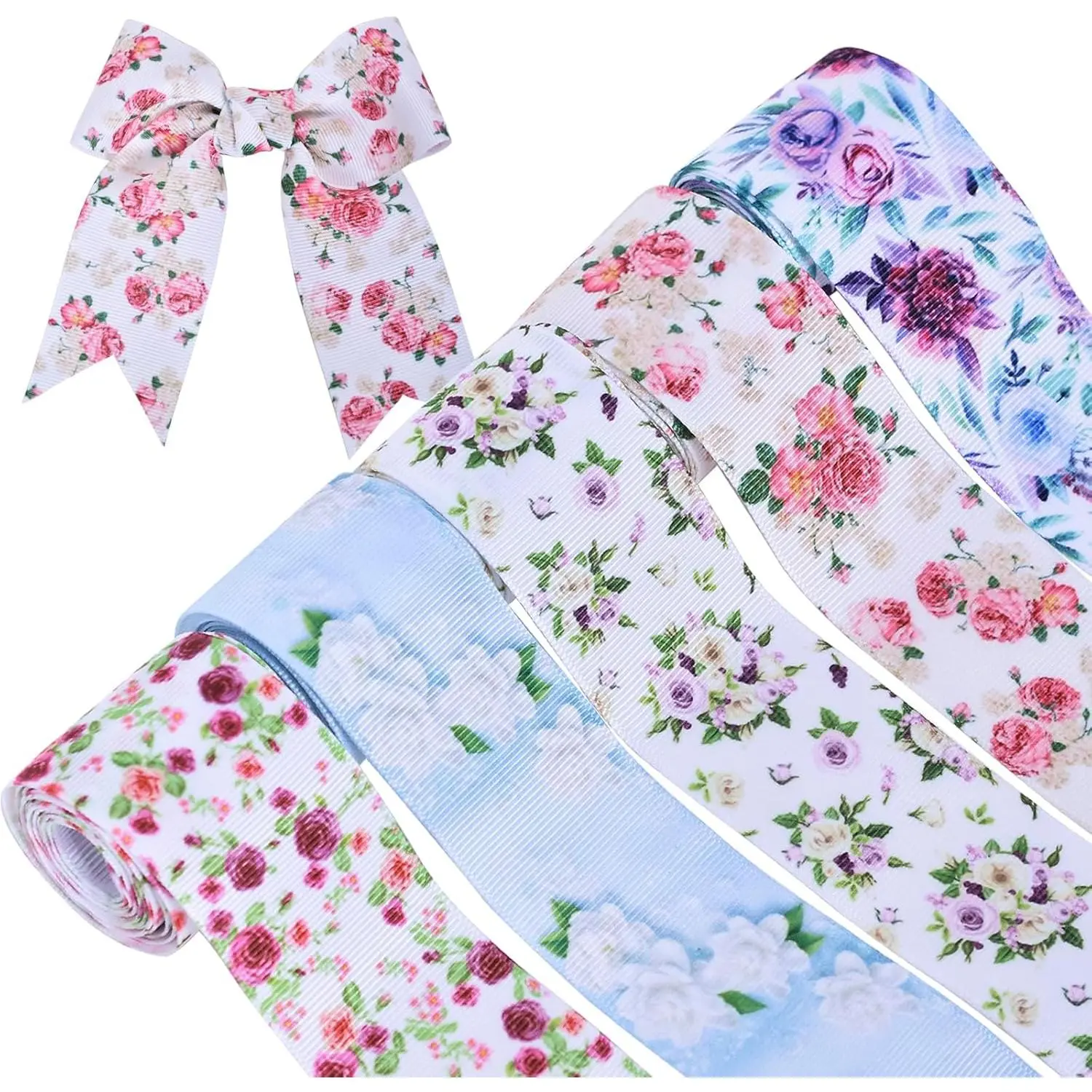 Floral Grosgrain Ribbon, 5 Rolls Flower  Ribbon Spring Summer Fabric Decorative Craft Ribbon Roll for  Wrapping Decor Hair Bow Sewing Wreath Crafts ( Color, 1-1/2Inch X 10Yards)