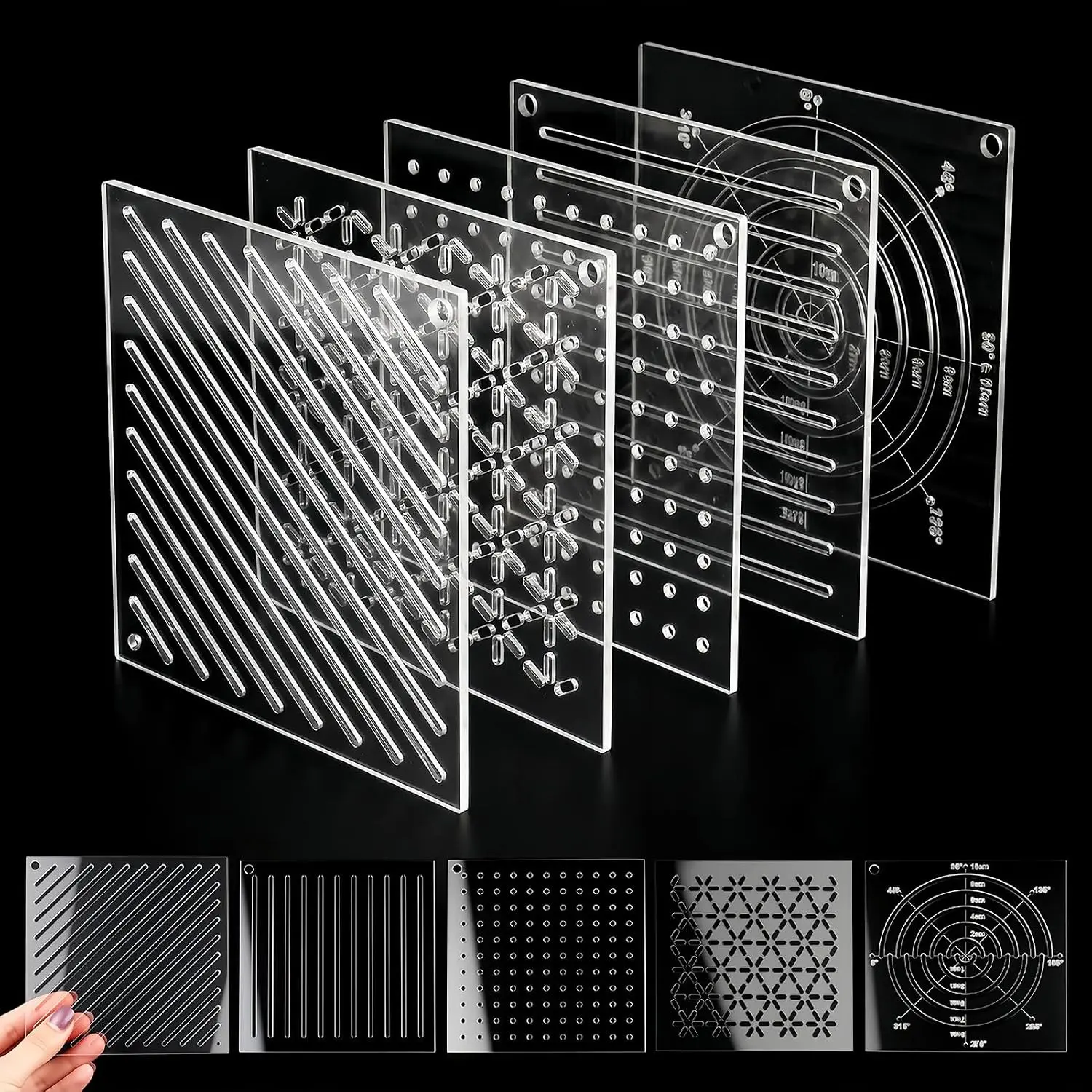 5 Pcs 2.5mm Thick Acrylic Sashiko Stencil, Embroidery Templates with Dots Lines Arcs Slashes Cross Patterns, 4.7 Inch Quilting Stencils for Hand Sewing Craft