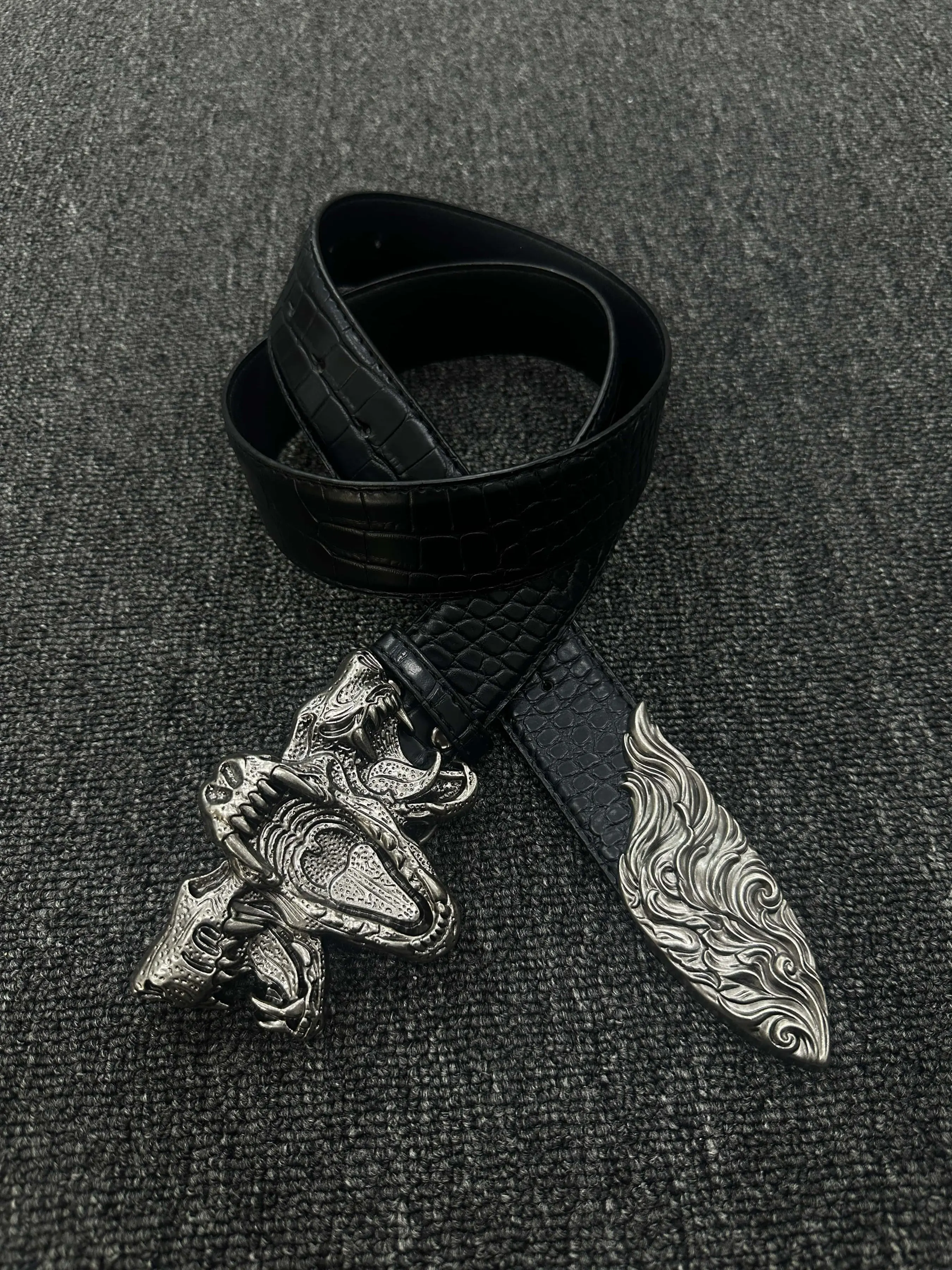 Men's Punk Style PU Leather Statement Belt, All-Seasons Plain Pattern, Retro Large Buckle, Crocodile Print, Streetwear Accessory