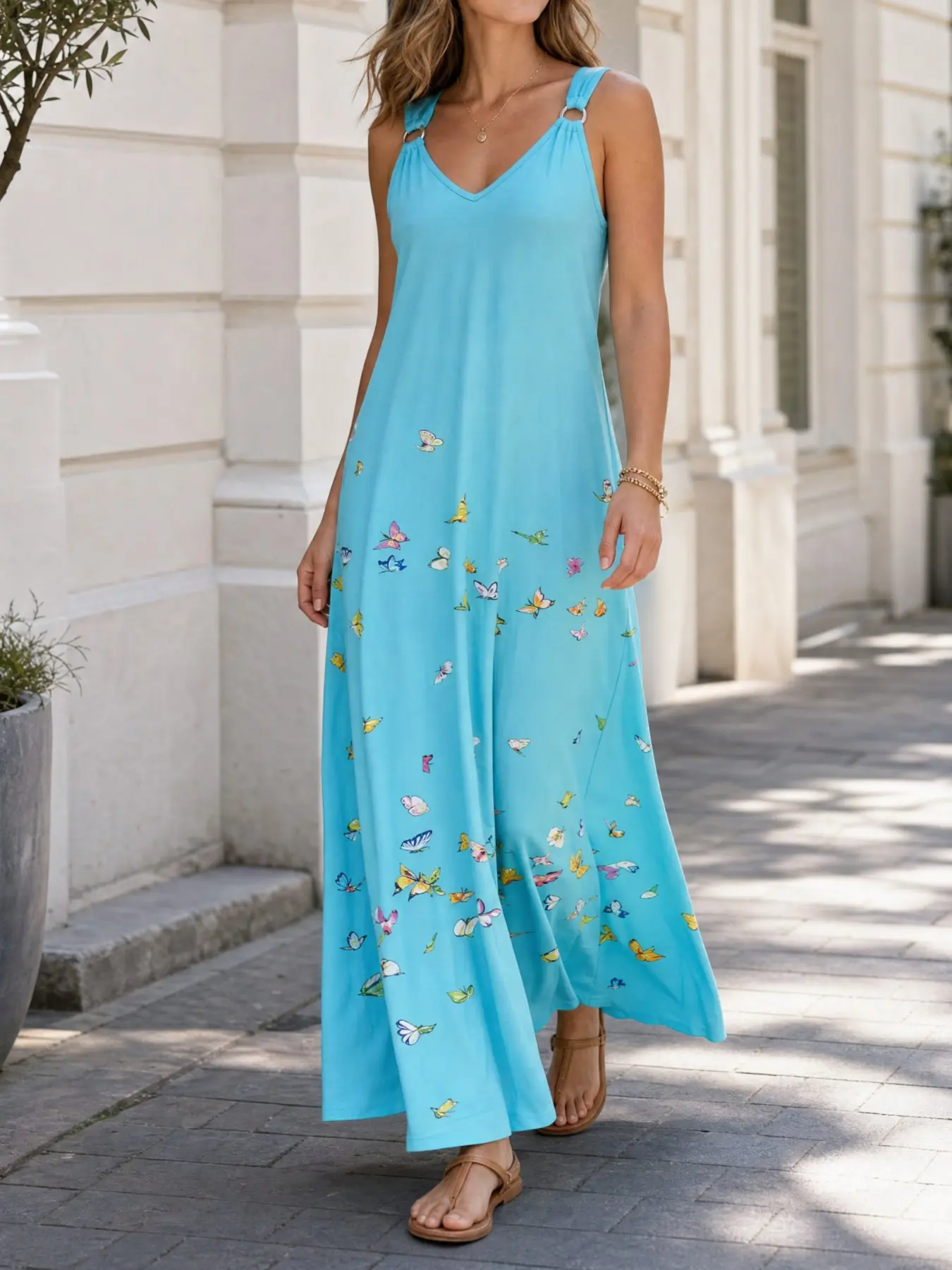 New Summer Women's Butterfly Print Halter Long Dress, V Neck Loose a Line Elegant Fashion, Casual Office Vacation Date Wear