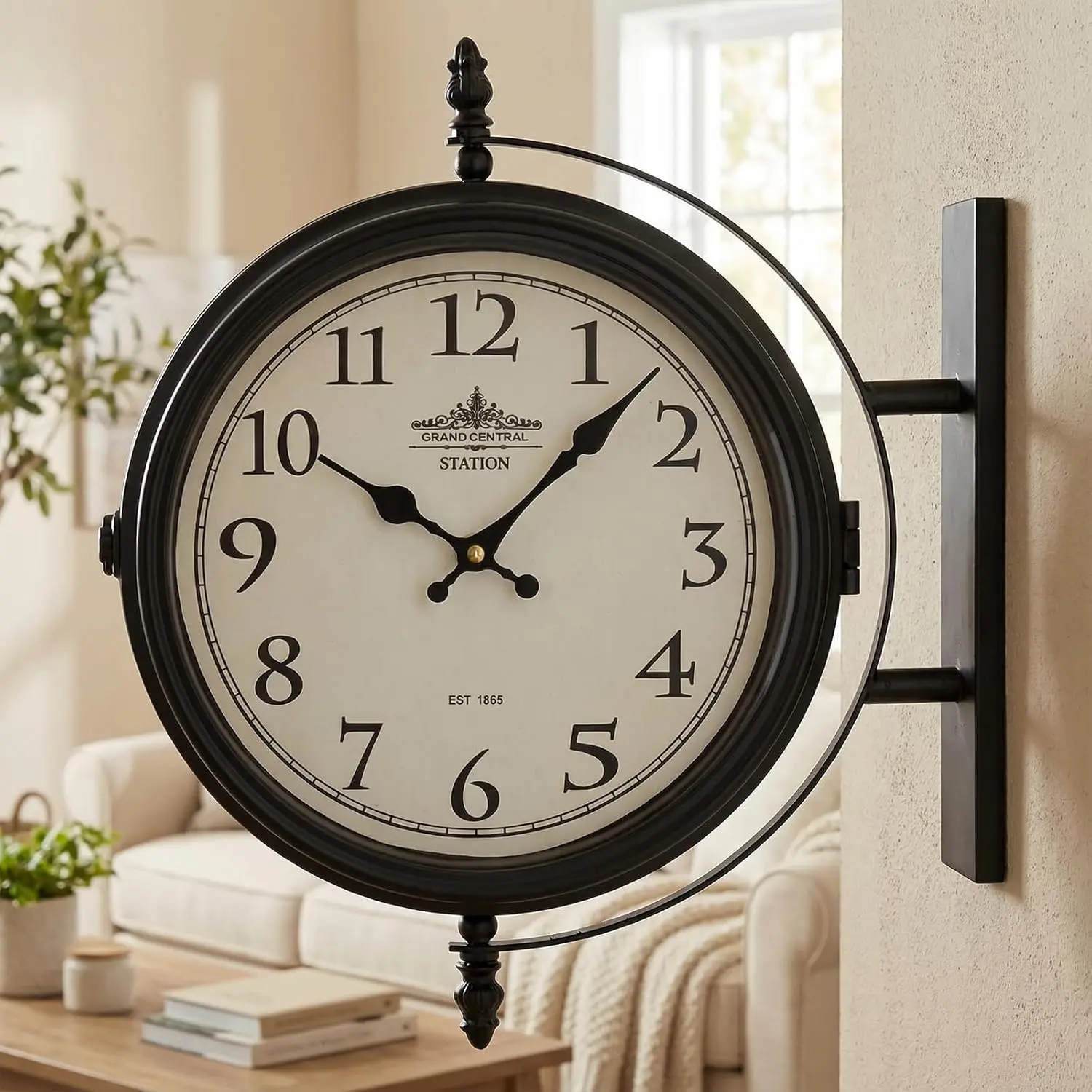 Round Grand Central Station Dual-Faces Analog Wall Clock - Black Iron Glass Frame, Cream Dial, Silent Quartz Move., Vintage European Style, Room Decor for Living Room, Office, Precise Time Display, 13.4*15*4.5in
