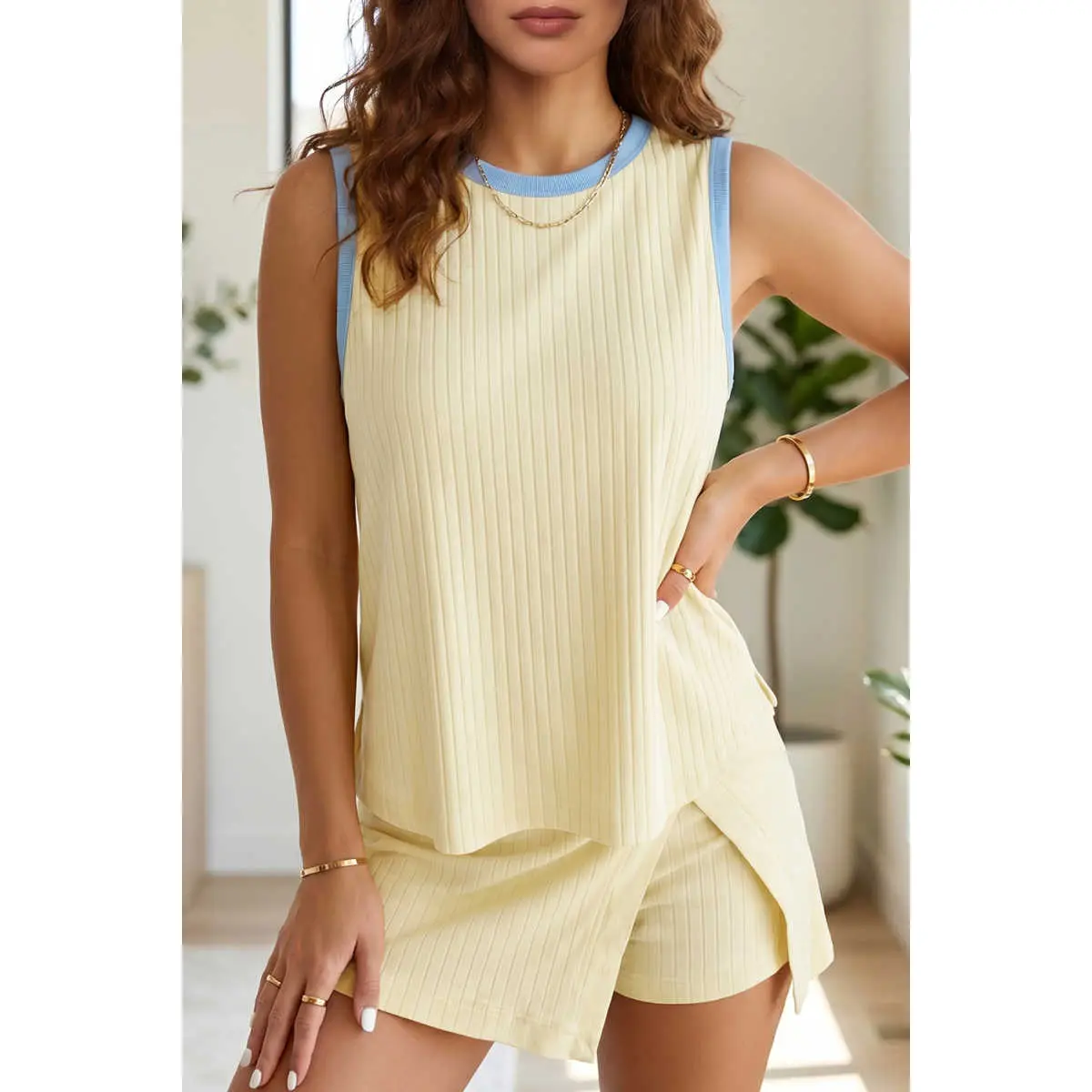Yellow Contrast Trim Ribbed Tank Split Skort 2pcs Set