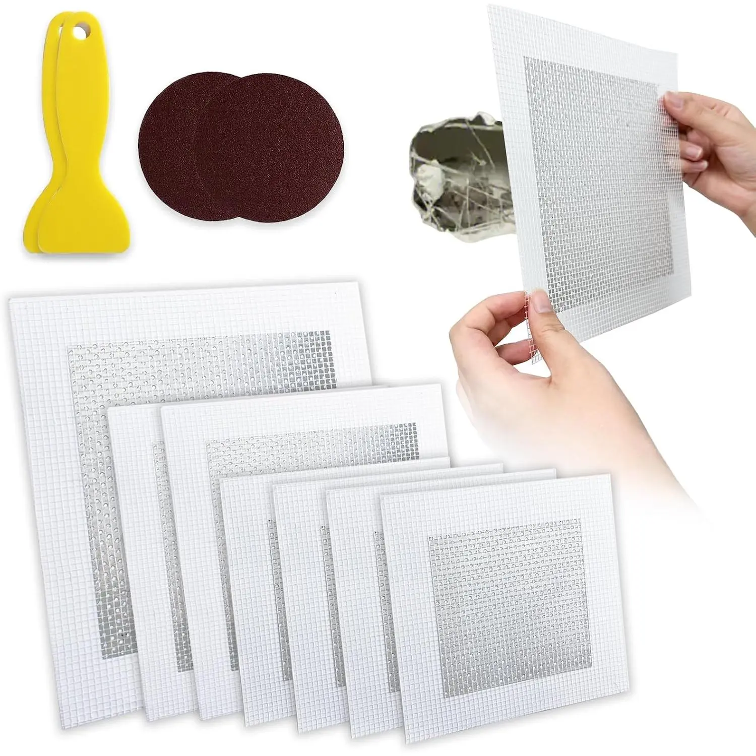 Drywall Repair Kit, 11 count Drywall Patch, Dry Wall Web Repair Patch Kits for Holes, Plaster Sheetrock Repair Patching Kit with Scraper and Sandpaper