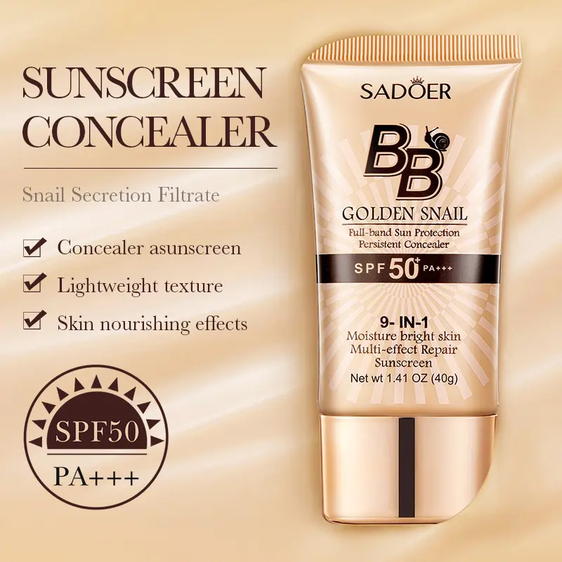 SADOER Gold Snail Sunscreen BB Cream SPF50 PA++ Natural Coverage, Lightweight Buildable Coverage, UK SCPN Registered, Oil Control Oily Skin Moisturizing Foundation Concealer, 24H Long Lasting Waterproof Face Makeup, For All Skin Types