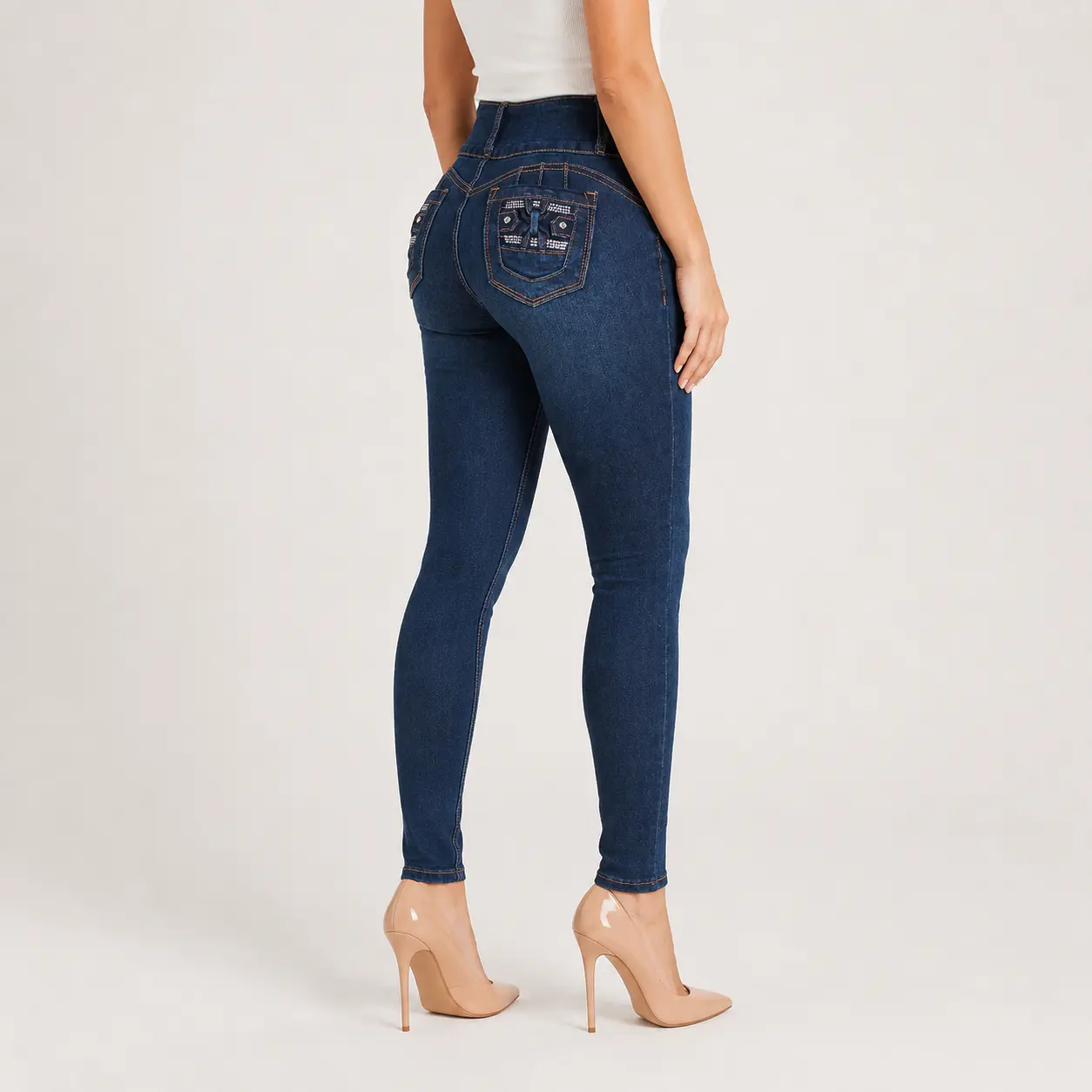 Women's High Waist Denim Skinny Jeans - Stretch, Slim Fit, Full-Length, Diamond Pockets, Dark Blue Everyday Pants, Basic, All Seasons, Trouser