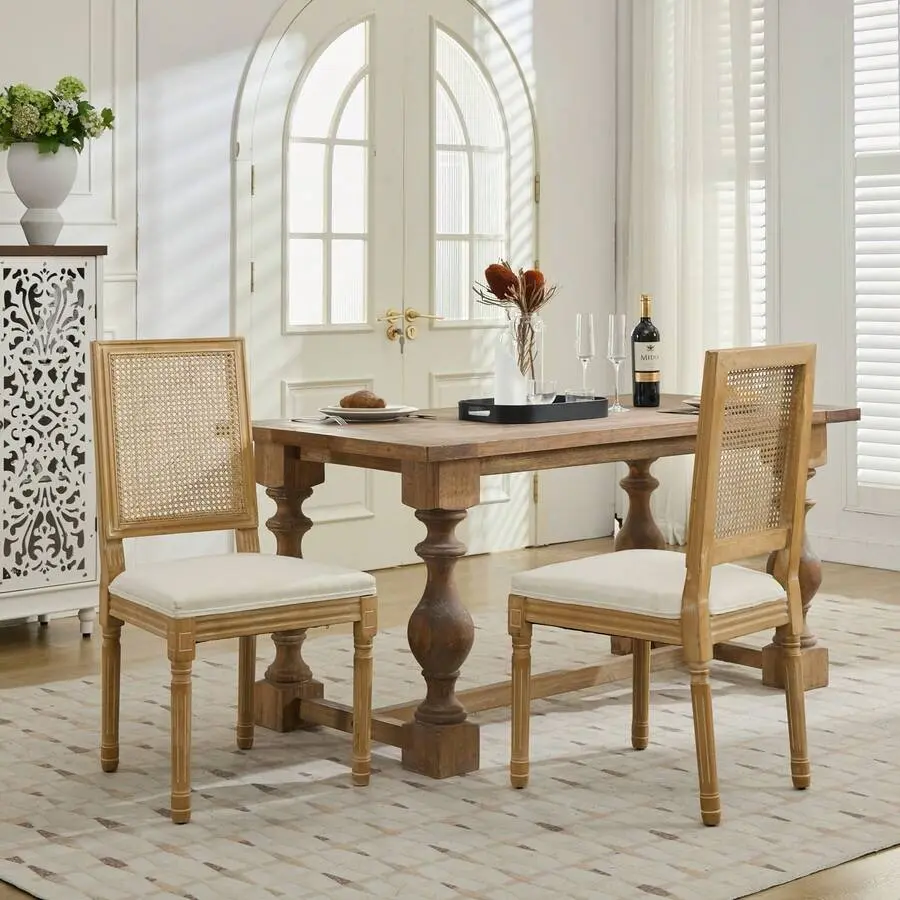 Set Of 2 French Decor Louis Dining Chairs - 300lb Capacity, Square Rattan Back, Exquisitely Carved Solid Wood Frame, Cushioned Seat For Living Room, Restaurant, Carved Frame