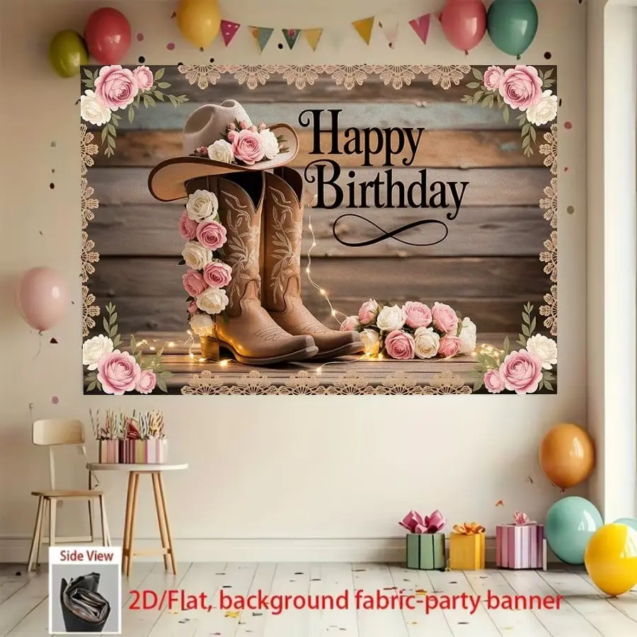 Western cowboy boots and hats country style birthday-themed background banner, made of polyester, suitable for living rooms, bedrooms, offices, birthdays, anniversaries, home decor, outdoor and indoor parties, photography backdrops