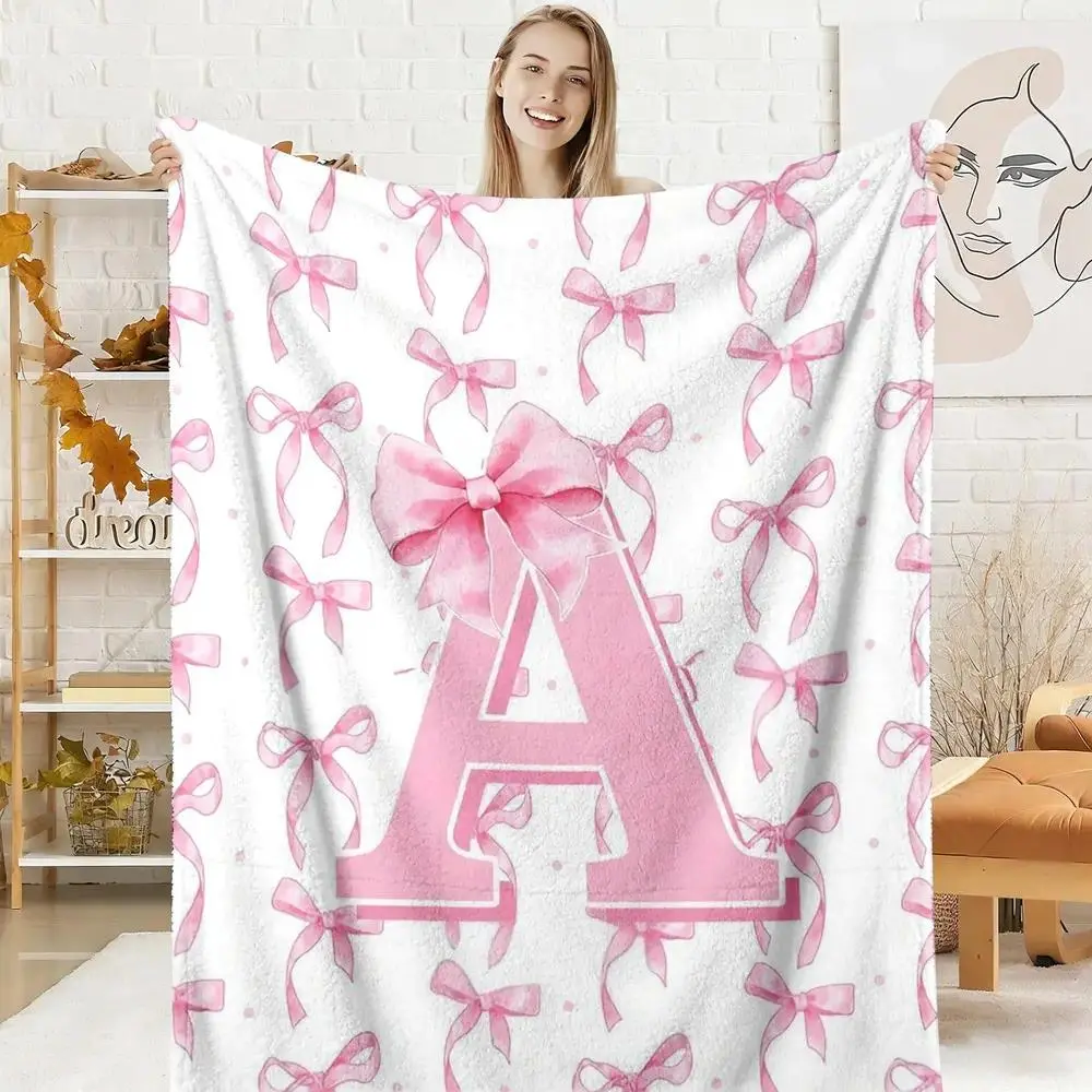 Classic Bow Pattern 1-Piece Flannel Throw Blanket, Pink Watercolor Coquette Soft Warm A-Z Alphabet Bowknot Blanket, Lightweight Air Conditioning Throw for Couch Bed Office Home & Travel, Bedroom Room Decor, Holiday Gifts for Women, Adult & Baby Blanket
