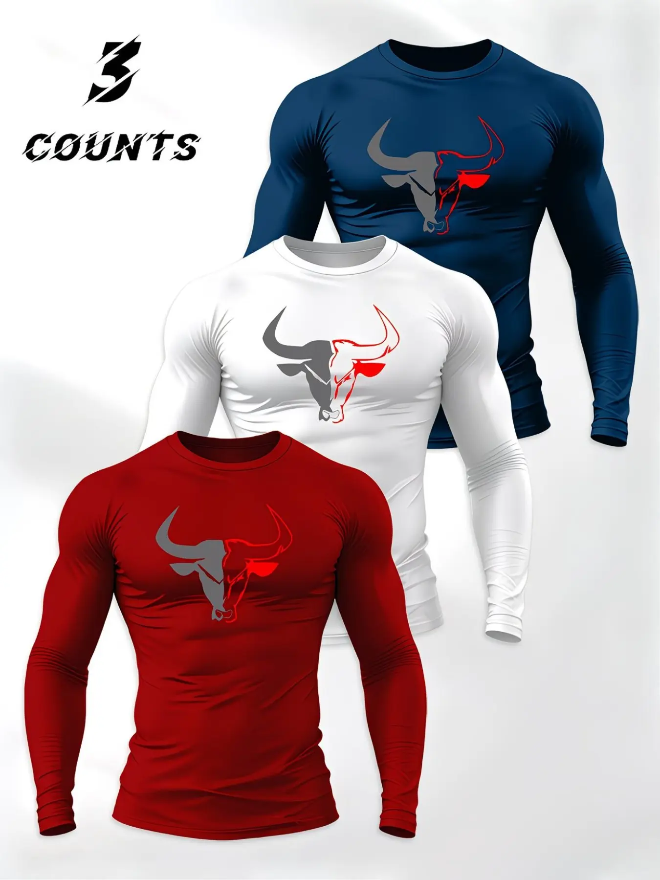 American Bull Print Fashion Loose Long Sleeve Men's Three-Piece Set, Versatile Base Layer, Power Style, Fall & Winter Outdoor Running Training Top