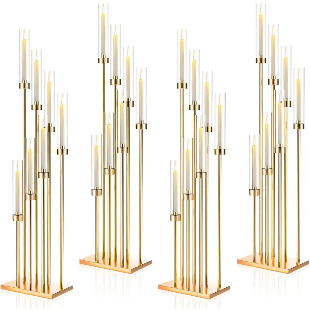 Floor Candelabra 4pcs Floor Candle Holders for Wedding 7 Arms Golden Candle Sticks Holder Decor 46.5'' Tall Metal Candlestick Set with Acrylic Lampshades for Home Christmas Party (Square)