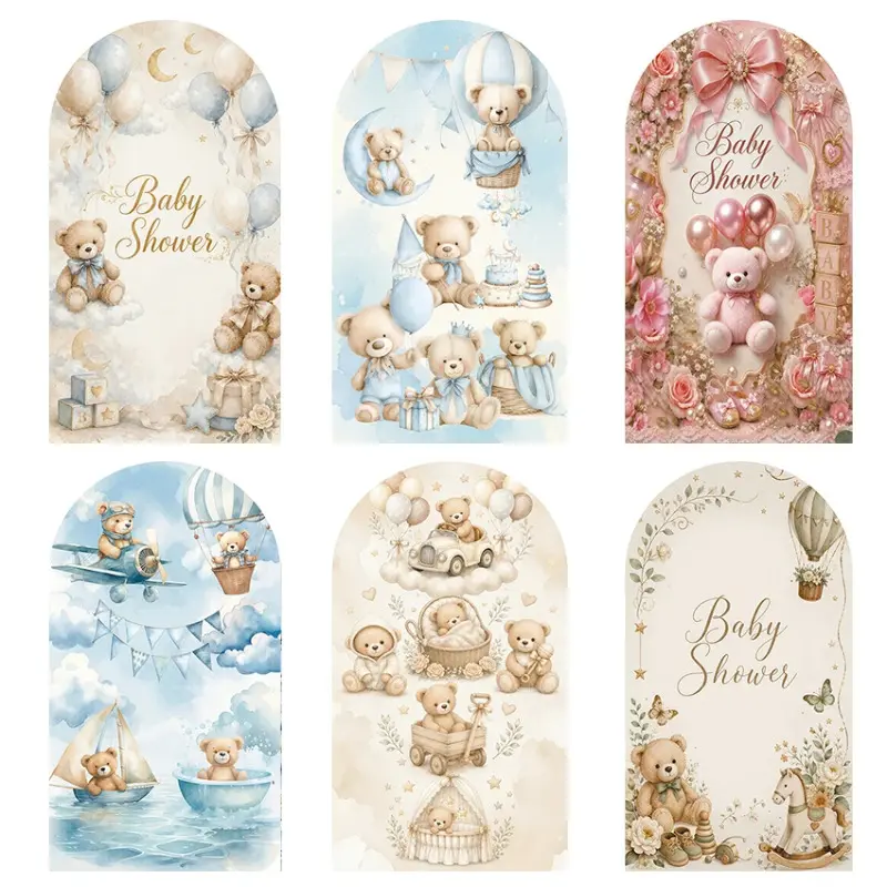 Cute Bear Hot Air Balloon Flower Arch Backdrop Cover Kids Birthday Baby Shower Chiara Decor, Double Sided with Bottom Zipper, Stretchy Spandex Fabric, Frame Not Included