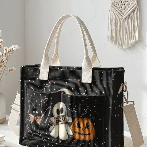 Halloween Ghost Pumpkin Print Travel Bag, Fashionable Patterned Bag, Large Capacity Durable Crossbody Shoulder Tote, Multi-Pocket Design for Work/Shopping/Camping