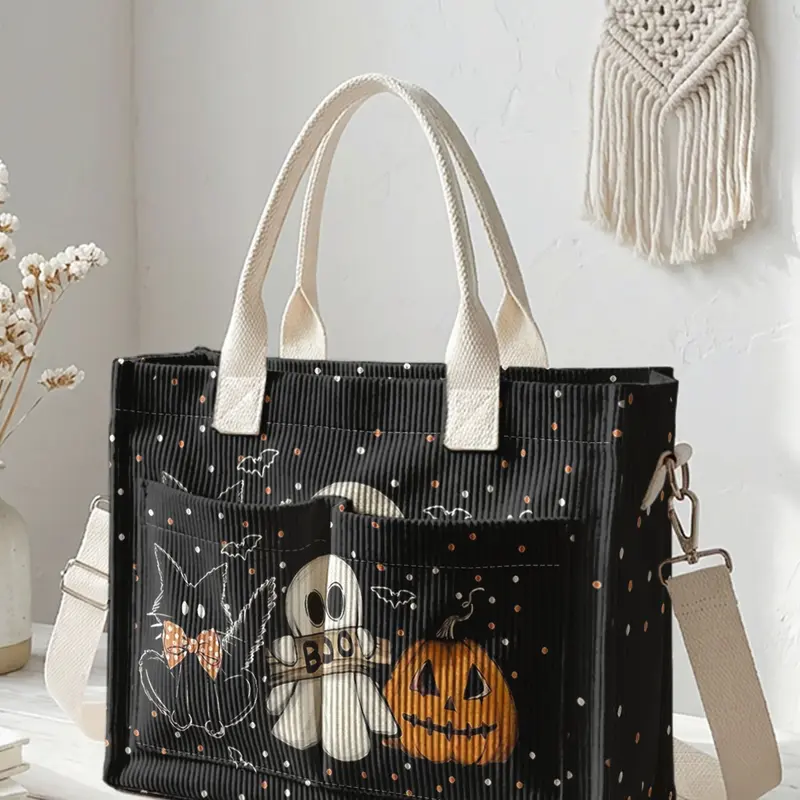 Halloween Ghost Pumpkin Print Travel Bag, Fashionable Patterned Bag, Large Capacity Durable Crossbody Shoulder Tote, Multi-Pocket Design for Work/Shopping/Camping