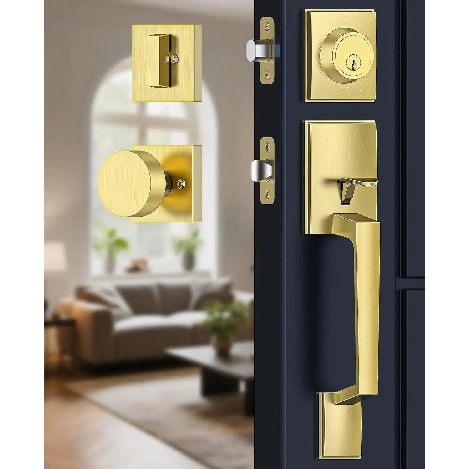 Front Door Handle and Deadbolt Set with Modern Exterior Knob | Brushed Brass Front Door Lock Set, Heavy Duty Exterior Door Handle, Front Door Knob, Entry Locksets, Easy Install,