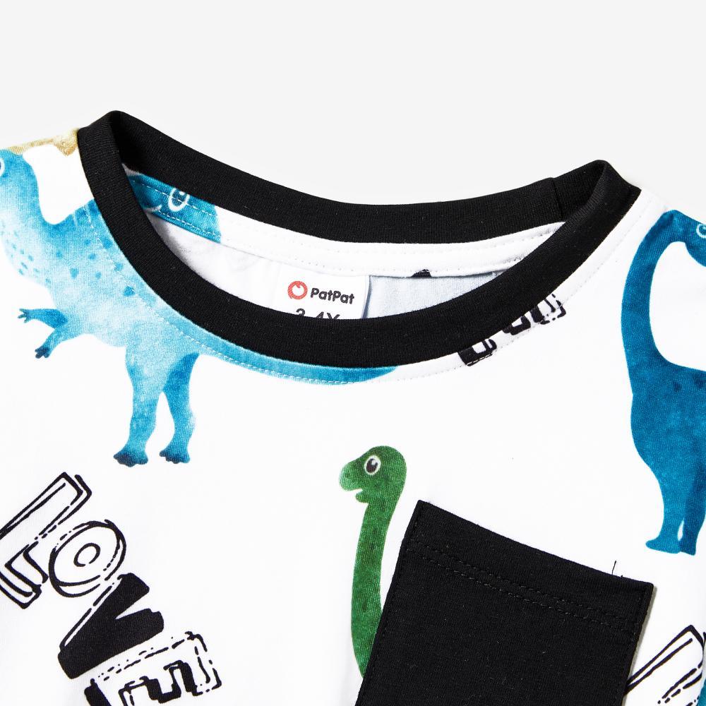 PatPat Family Matching Allover Dinosaur Print Drawstring Ruched Bodycon Dresses and Short-sleeve T-shirts Sets Spingtok