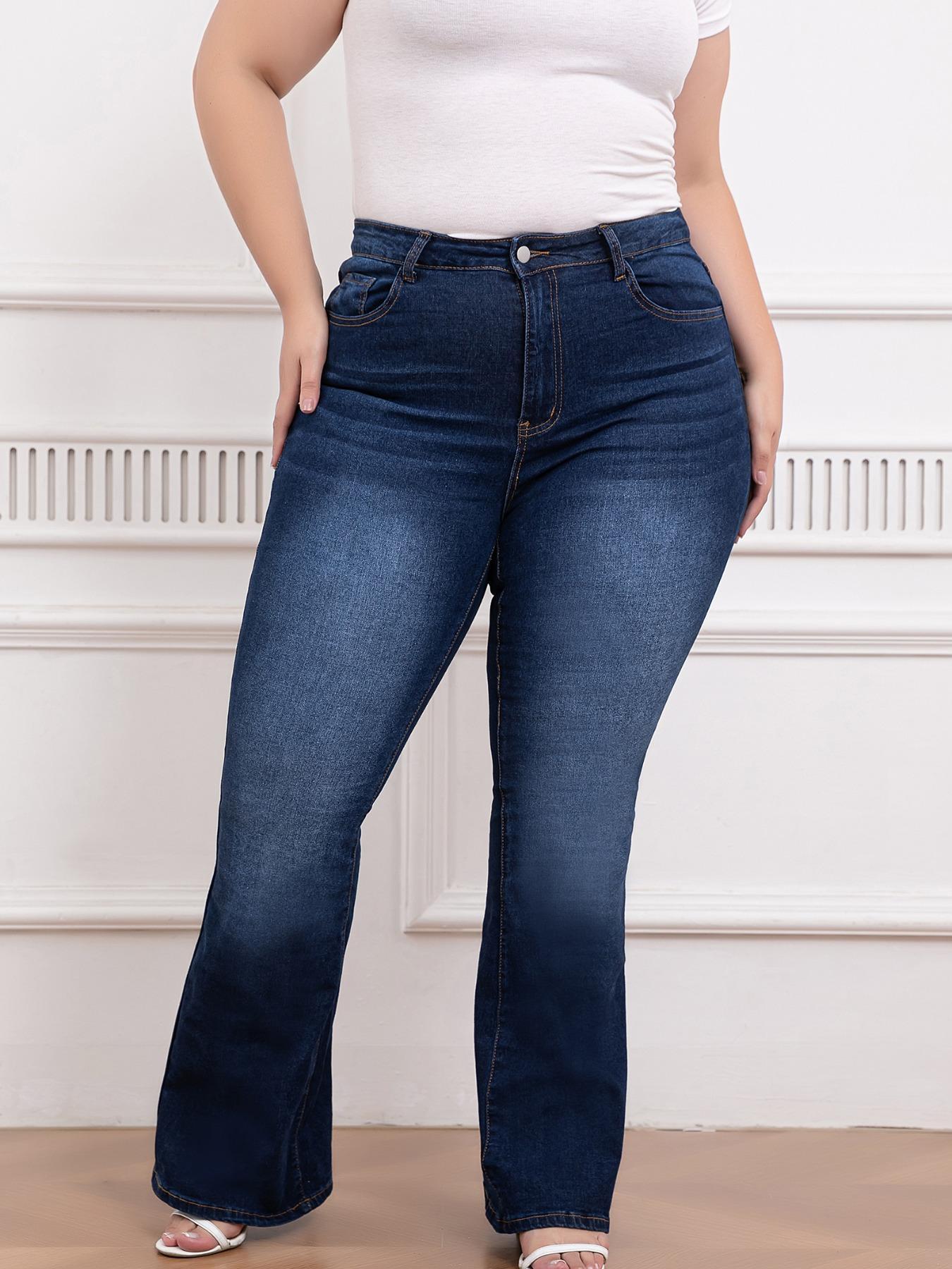 Plus Size Pocket Flare Leg Jeans, Casual Button Fly Bell Bottom Cotton Denim Pants, Women's Bottoms for Daily Wear