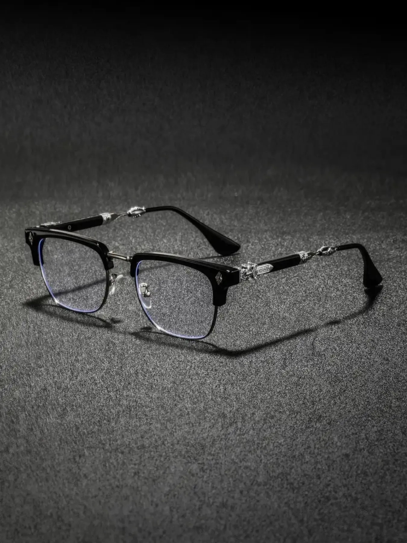 Unisex Half-Brow Line Glasses, Vintage Engraved Metal Temples, Blue Light Blocking, Business Casual Computer Eyewear, Trendy Influencer Decorative Frame, Square Glasses Frame