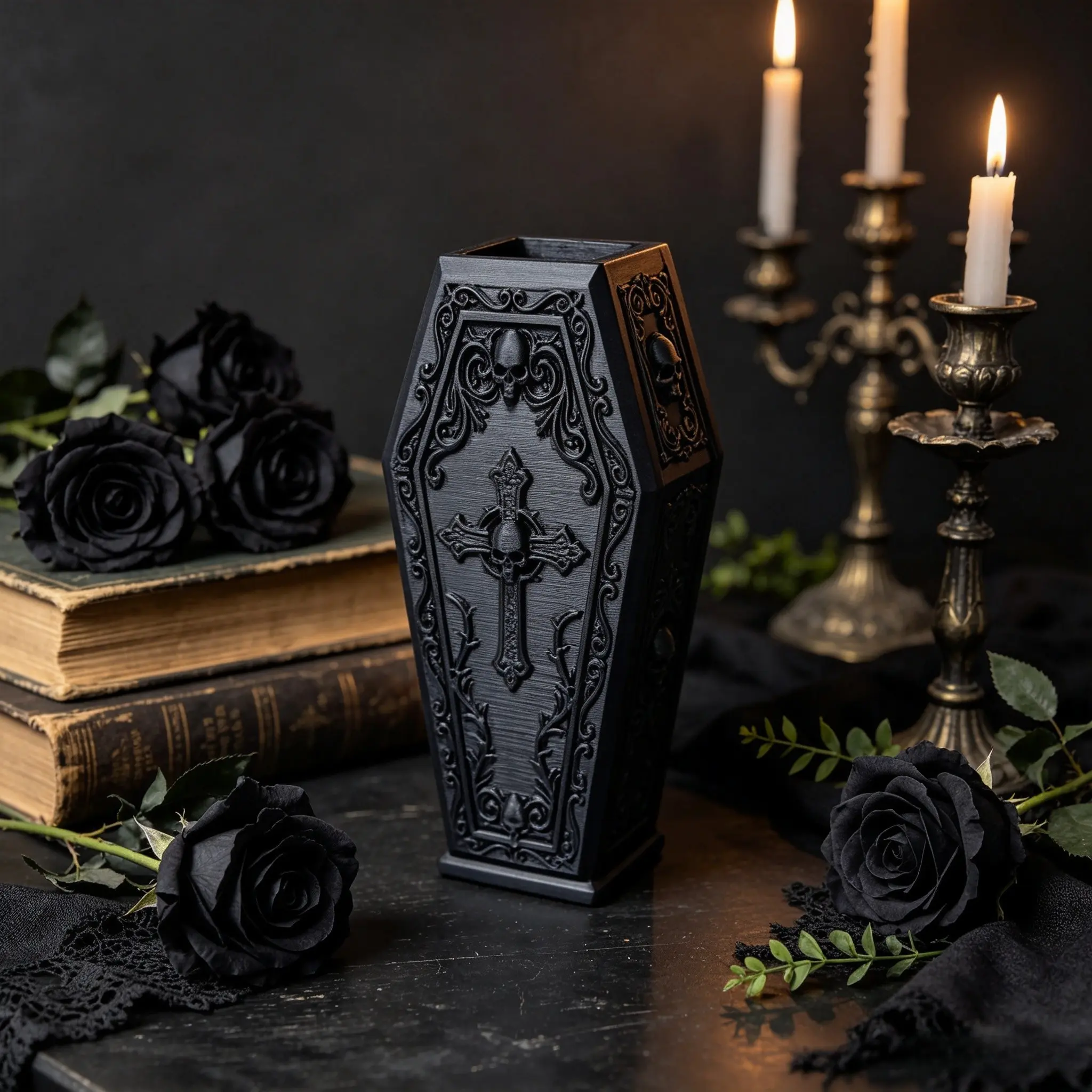 Dark Gothic Style Coffin Vase with Skull and Crossbones Relief, Halloween Niche Desktop Decorative Ornament, Black Vintage Coffin-Shaped Vase, Creative Relief Dry Flower Arrangement Holder, Unique Dark Gothic Home Decor