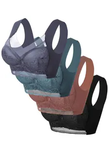 4-Pack Esselegance Seamless Wireless Bras, Comfortable Daily Wear, Breathable Stretch Fabric, No Squeezing & Back Design, Floral Pattern