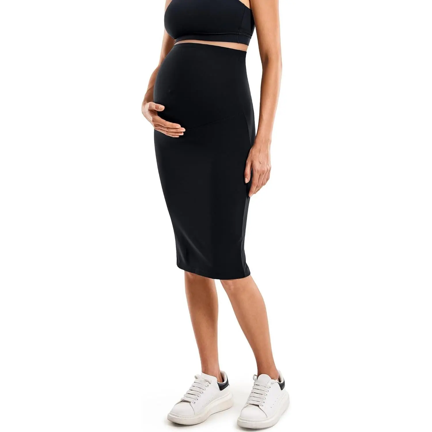 Women's Maternity Skirt High Waist Midi Pencil Skirt with Slit Stretchy Pregnancy Casual