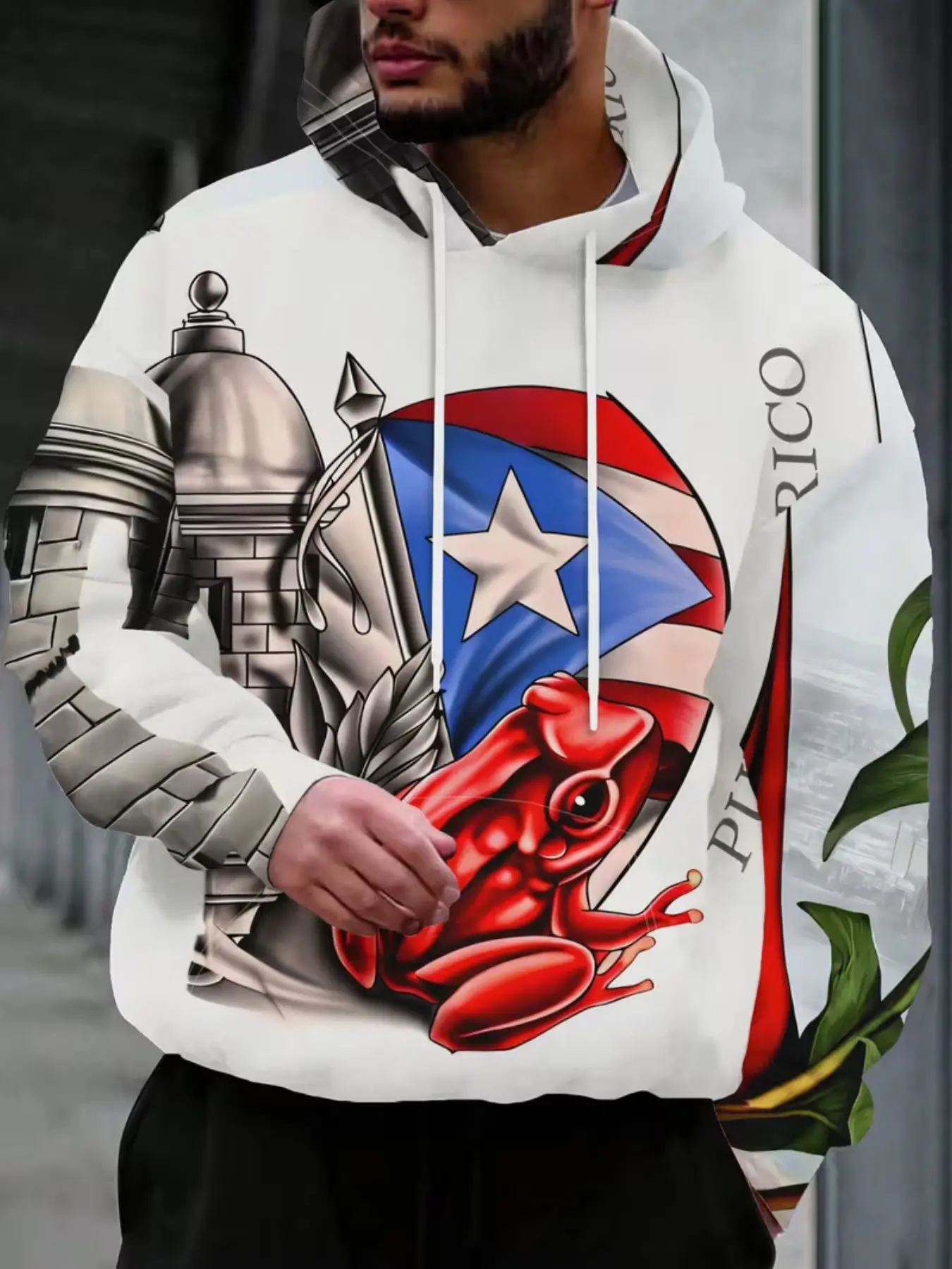 Men's Puerto Rico Culture Hoodie, Polyester Warm Drawstring Design, Castle Flag Frog Print, Casual Sportswear, All Seasons Comfort
