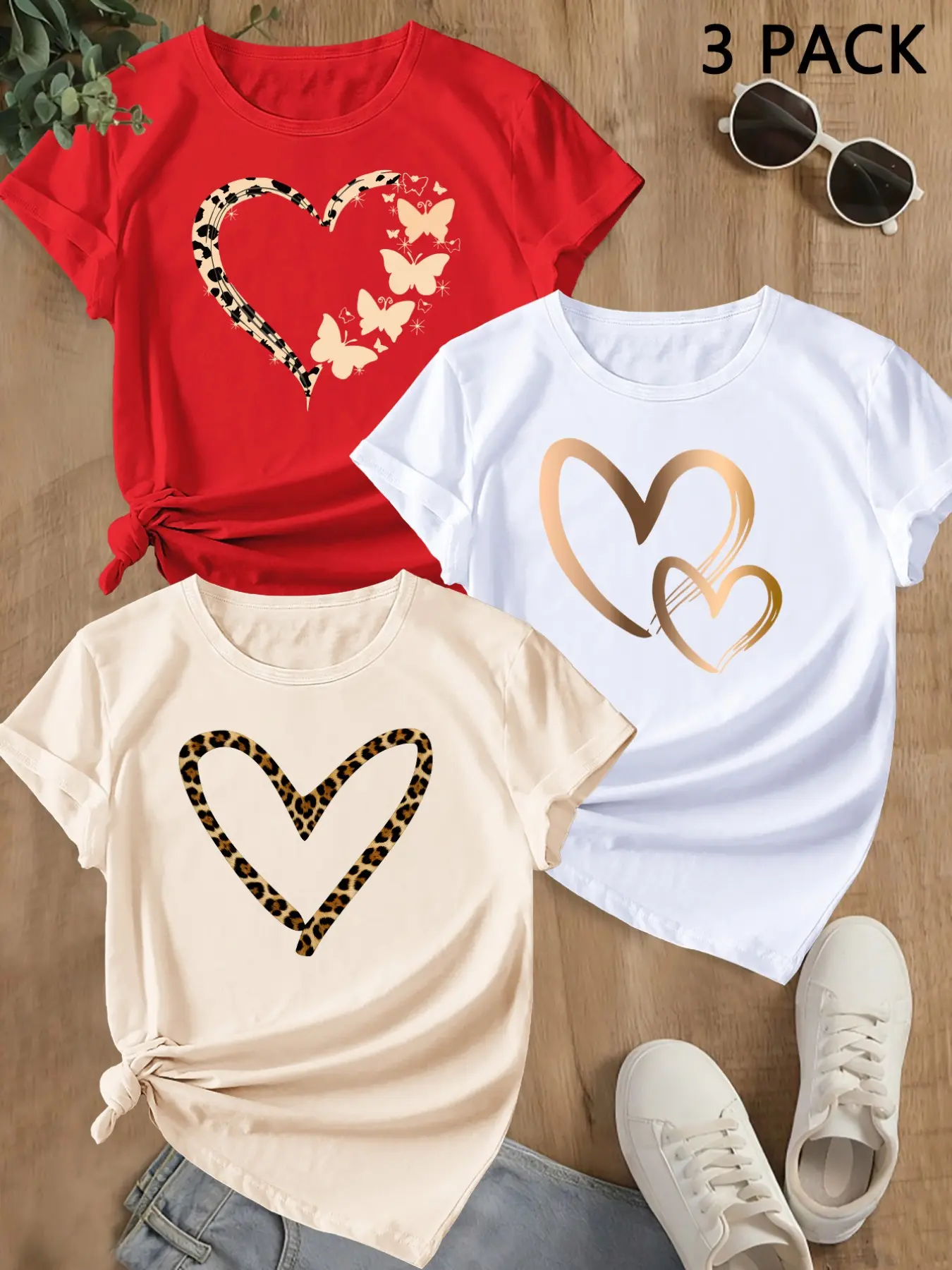 Summer Trendy Short Sleeve, Sporty Heart Print, Women's Casual Loose-Fit Round Neck T-Shirt, Comfortable Summer Top, Perfect for Outdoor Activities