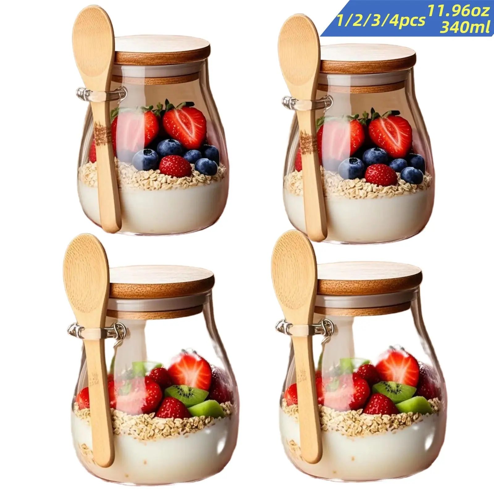 340ML Glass Jar Set, Overnight Oat Containers with Lids & Spoon, Kitchen Storage Organizer, Coffee Canister, Portable Cereal Yogurt Cup