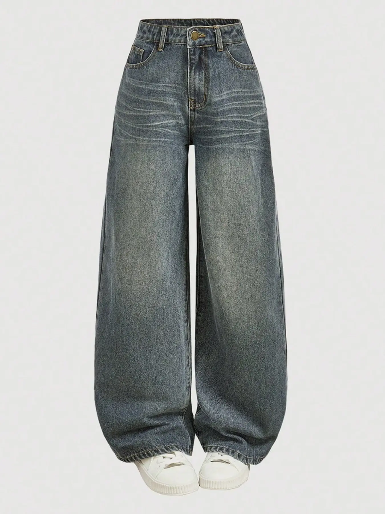 American Vintage Distressed Washed Wide Leg Jeans for Women, Loose Fit Slimming Long Pants, Trendy Photo for Pear Shape Body