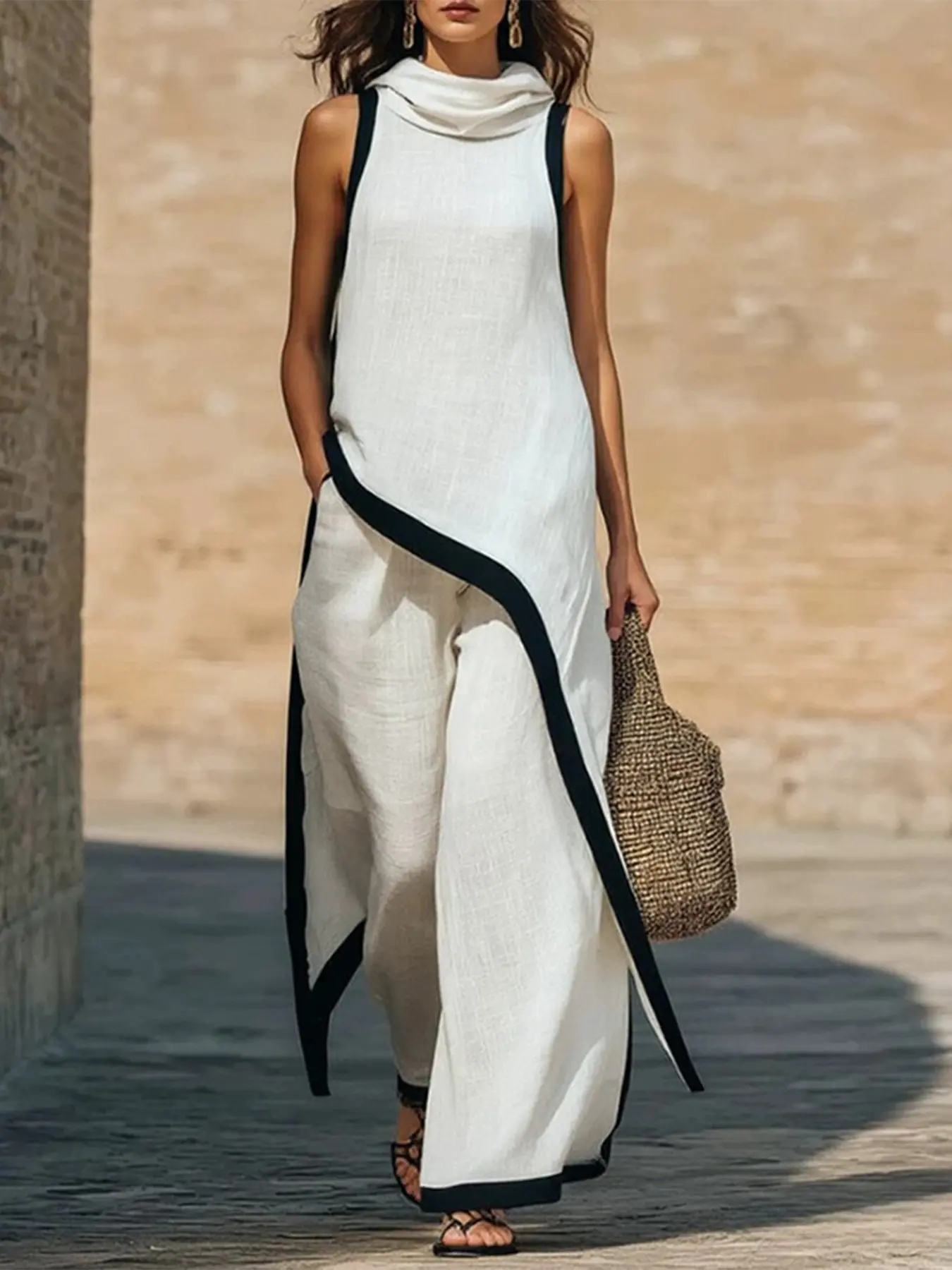 Women's Asymmetrical Cut Elegant Hooded Colorblock Loose Vest Top and Long Pants Set, Stylish Two-Piece for Casual Wear