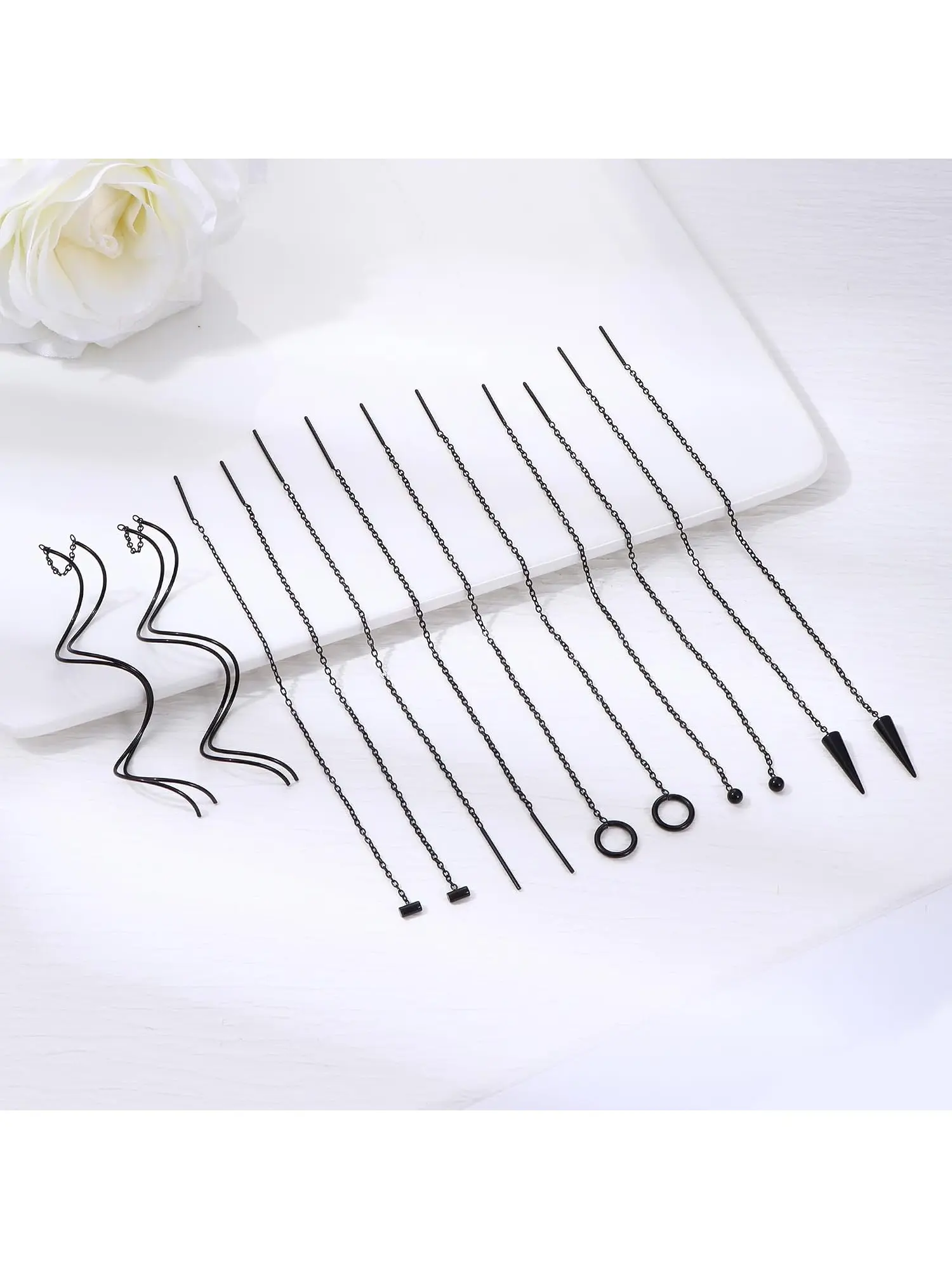 6 Pairs Stainless Steel Threader Earrings for Women Minimalist Silver/Black/Rose Gold Tone Chain Tassel Earrings Lightweight Ball Twist Circle Threader Dangle Drop Earrings Long Chain Earrings Set