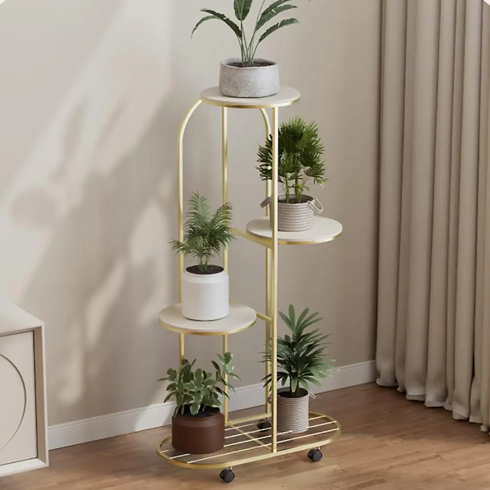 Sturdy 5-Tier Metal Plant Shelf with Wheels – Multi-Layer Indoor Plant Stand – Tall Tiered Flower Holder for Living Room, Balcony, Garden – Space-Saving Display Rack – Champagne Gold