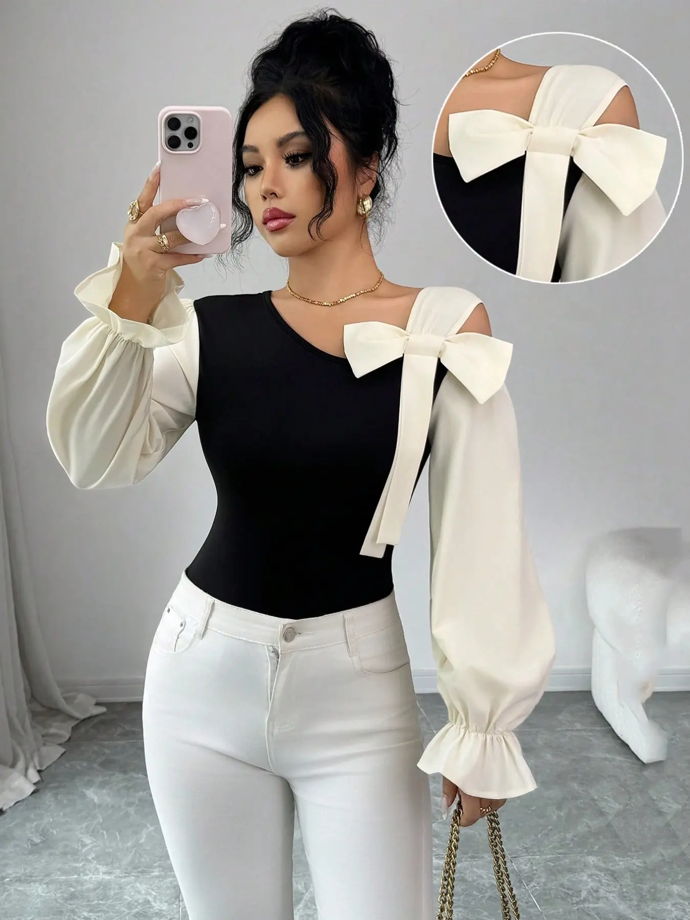 Women’s Color-Block Bow Decor Top, Asymmetric Off-Shoulder Puff Sleeve Slim-Fit Blouse, Ideal for Daily Commutes & Date Nights