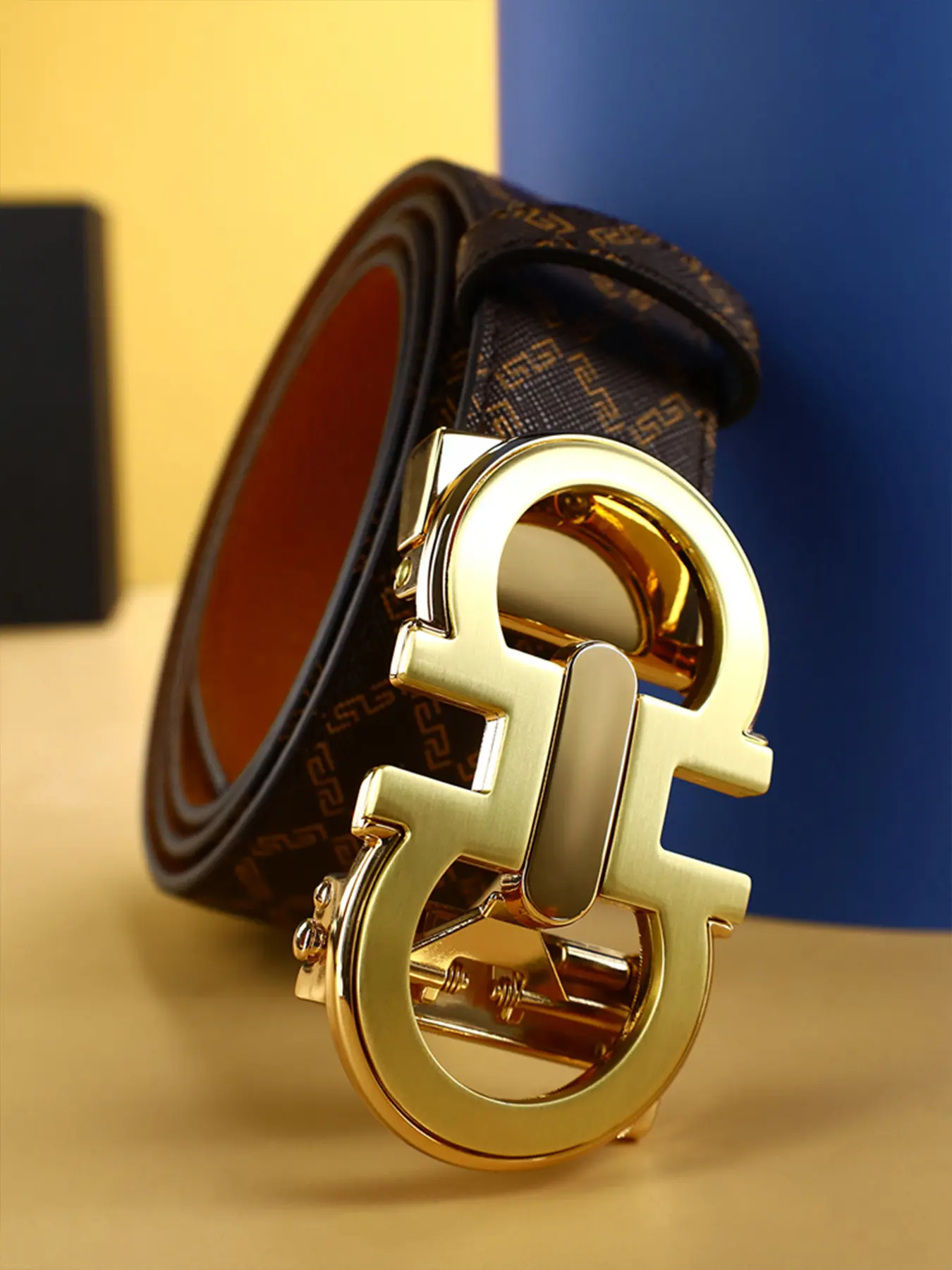 Men's Geometric Print Leather Belt, Simple Business Casual Style, Automatic Buckle, Fashion Accessory for Business and Leisure Pants, Versatile Fashion Belt, Trendy Belt with Buckle