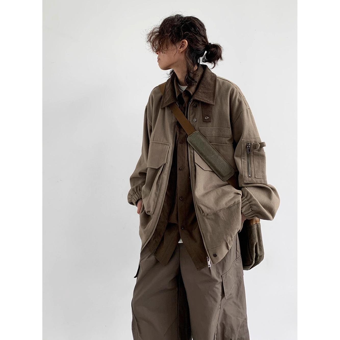 BIGWIG Unisex Japanese Retro Multi-Pocket Lapel Work Jacket & Matching Shirt, Loose Fit Versatile Wasteland Style Outfit for Men & Women