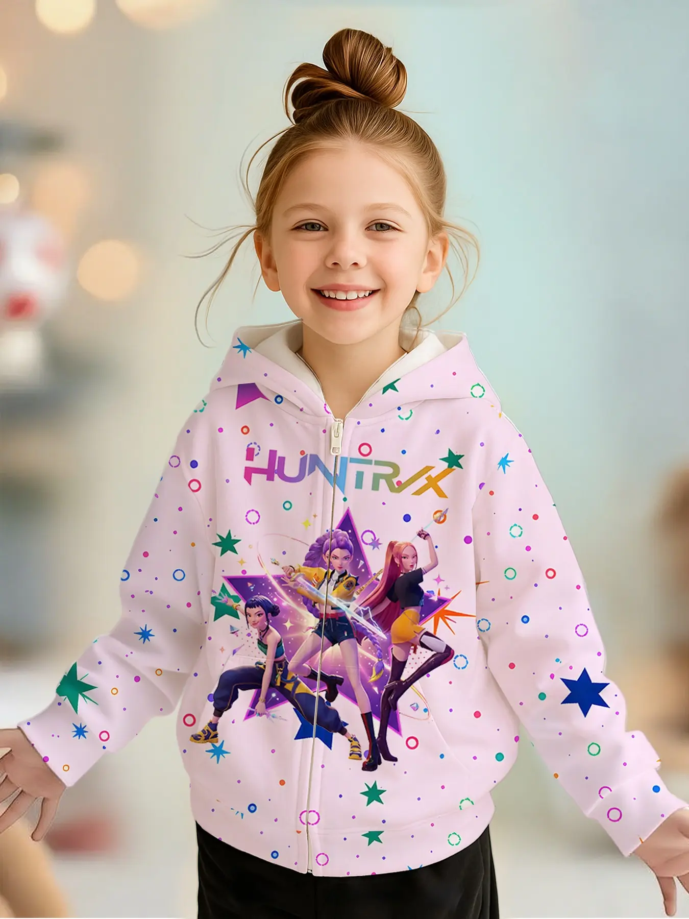 Girls' Spring & Fall Zipper Hoodie Jacket, Casual Cute Outerwear, Light Starry Idol Print, Long Sleeve Loose Fit, Perfect for Christmas Gifts