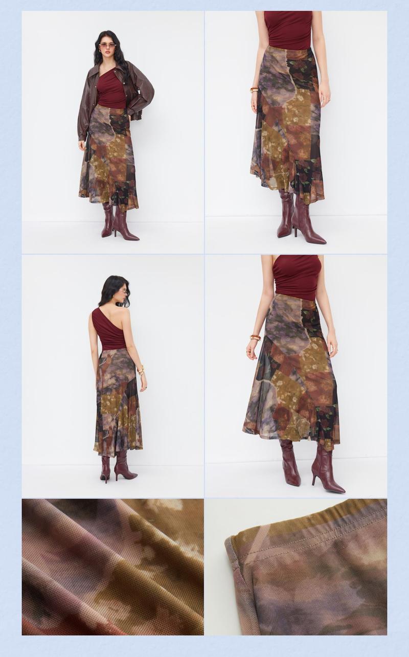 Cider Mesh Mid Rise Abstract Graphic Floral Asymmetrical Hem Maxi Skirt
