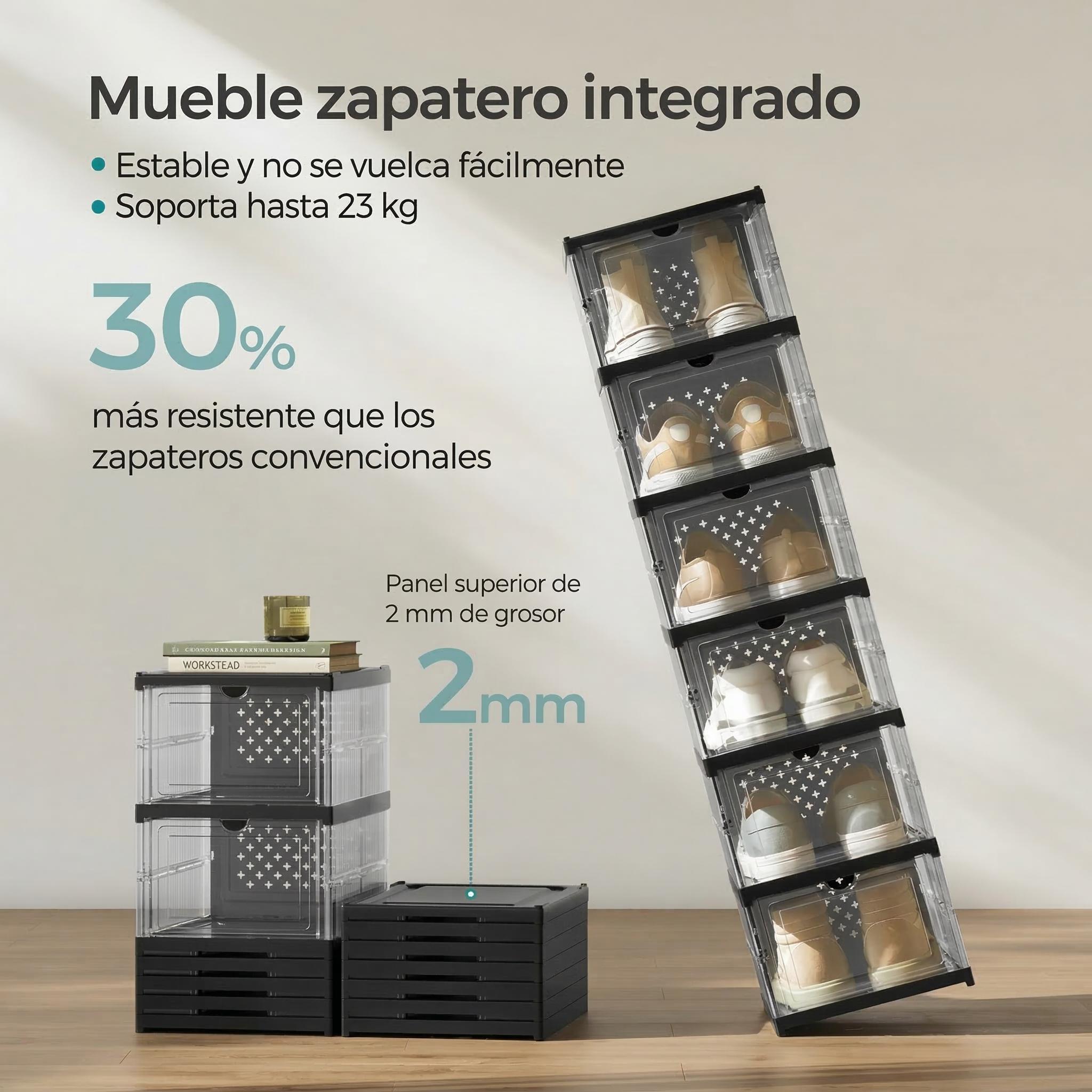 6 Tier Drop Front Shoe Storage Box, Clear Door Stackable Shoe Organizer, Plastic Shoe Rack Cabinet with Lid for Closet & Entryway