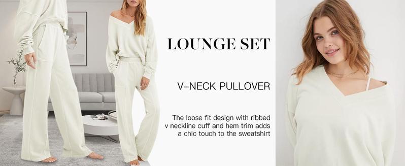 PASLTER Womens 2 Piece Outfit Lounge Set V Neck Sweatshirt High Waist Pants With Pockets Casual Loose Tracksuits