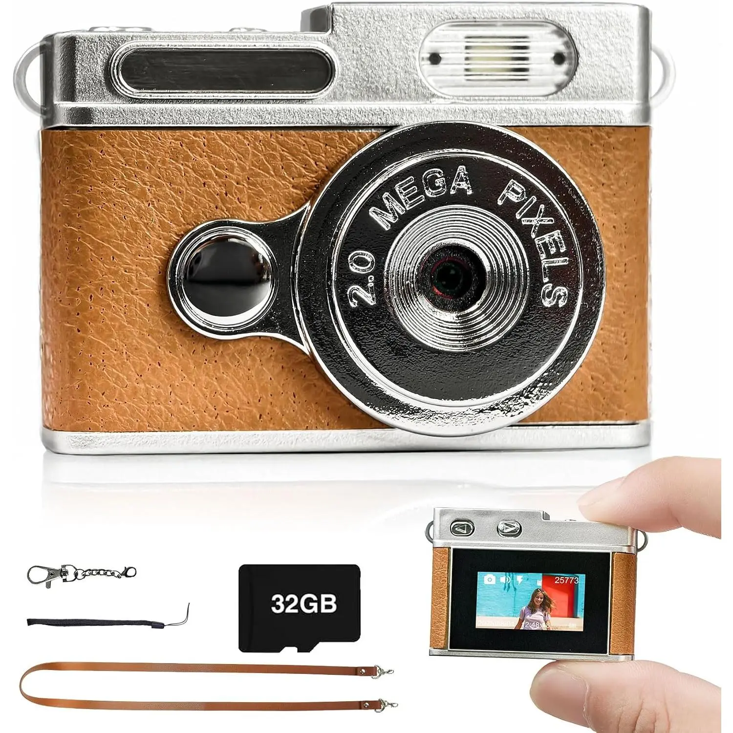 Mini Digital Camera with 0.96 in LCD Screen 1080P 32GB Card Feel of Old 90s Photographs,  Size, Birthday Gifts (Brown)