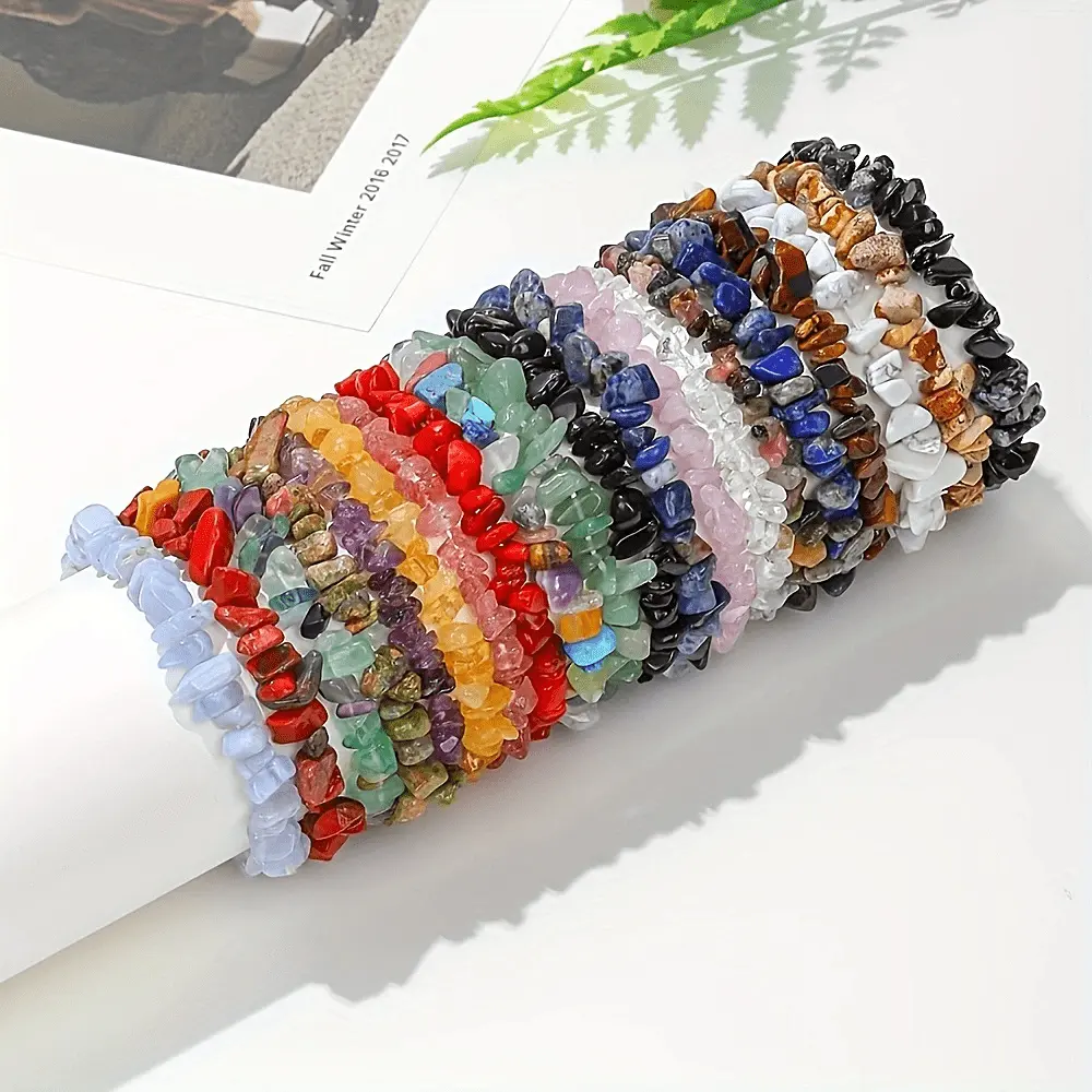 13pcs Natural Crystal Stone Beads Bracelet Kit - Stretch Elastic String Bracelets with Multi-Type Quartz Gemstones, Women's Casual Wear Hand Jewelry, Ideal for Daily Wear or Christmas Gift