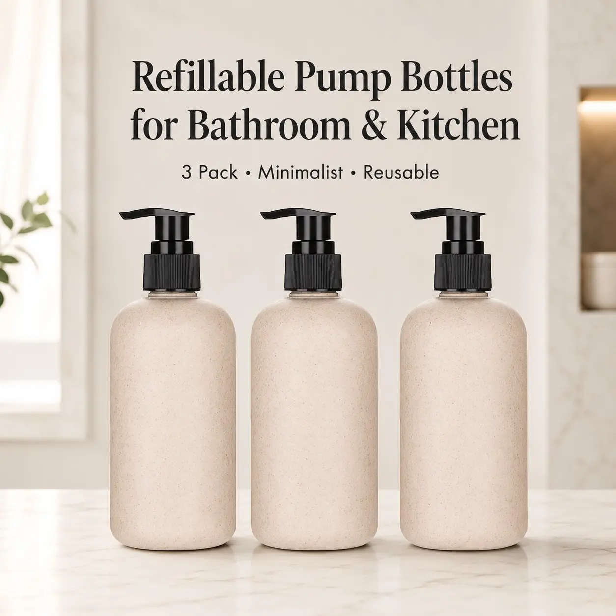 3 Pack 250ML Wheat Straw Pump Bottles, Natural Refillable Dispensers, Ideal for Shampoo, Conditioner, Lotion, Bathroom Storage