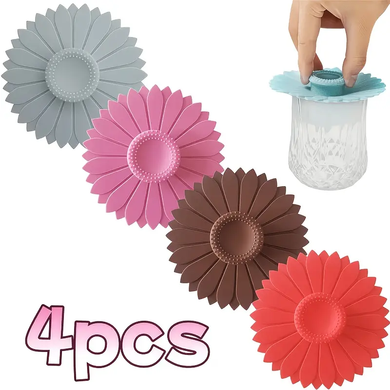 Sunflower Silicone Cup Lid (4-Piece Set) – Reusable silicone lids suitable for various cups such as mugs and coffee cups; keeps drinks warm and protects against insects and fruit flies; ideal for Halloween or Christmas gifts.