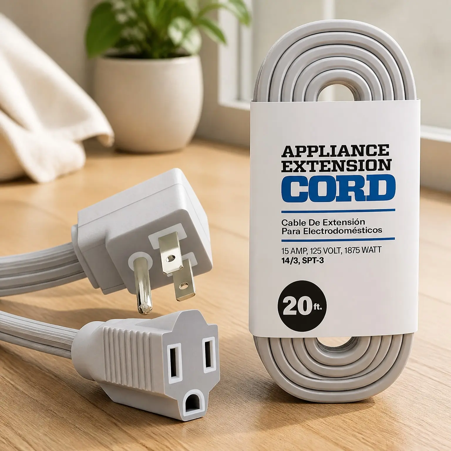 20 Ft Extension Cord 14/3 Heavy Duty Indoor Power Cable, ETL Listed, 3-Prong Grounded Plug, Gray, 1875 Watts 125V 15 Amps, Durable Flexible Cord for Major Appliances, Home & Office