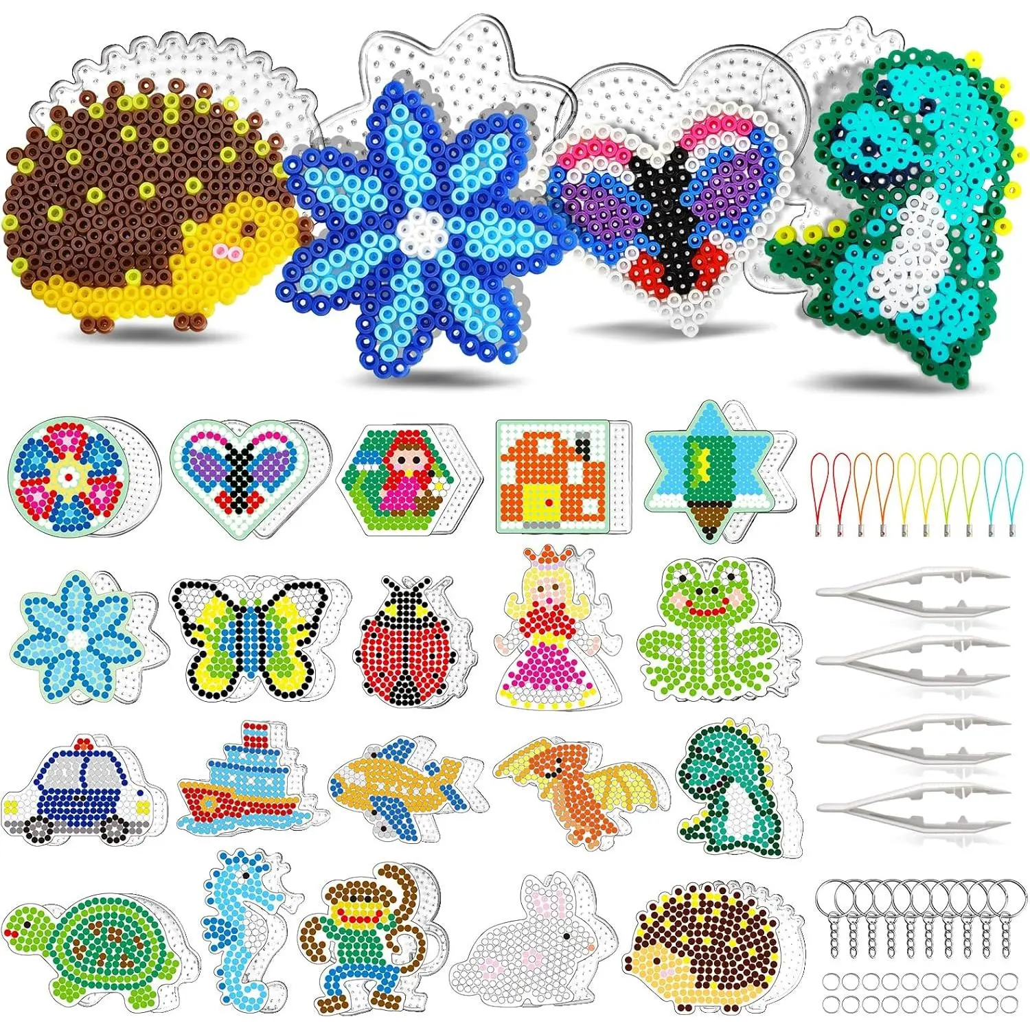 20 pcs Pegboards for 5mm Fuse Beads Project- Animal Shape Pegboards for Arts and Crafts with Keychains, Hang Ropes and Tweezers, Gifts for Boys and Girls (Beads Not Included)