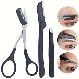3pcs Eyebrow Grooming Razor Tool, Multifunctional Eyebrow Beauty Kit, Includes an Exfoliating Skin Smoothing Tool, 1 Razor + 1 Pair of Tweezers + 1 Eyebrow Scissors - Suitable for Both Men And Women.