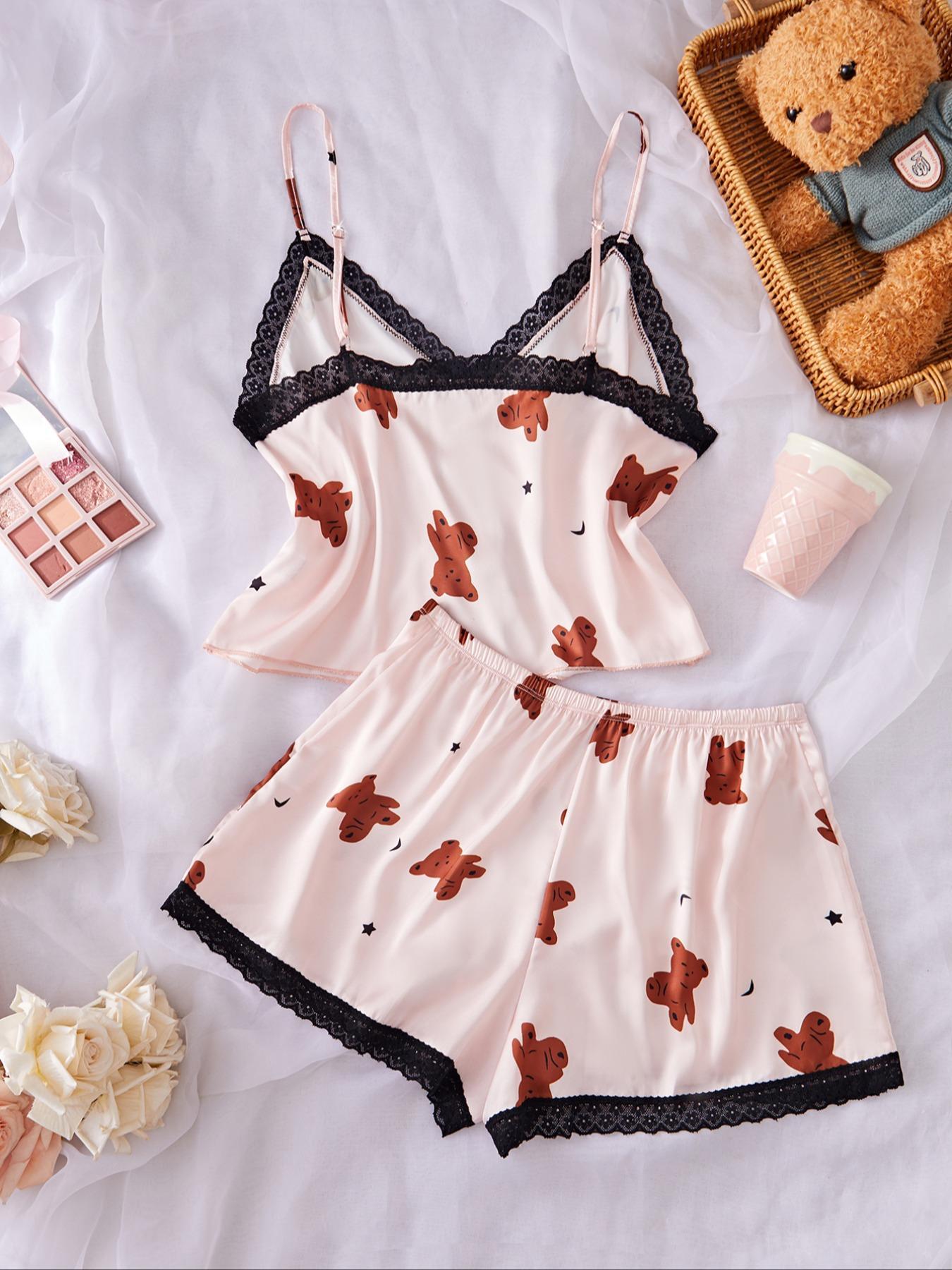 Women's Bow Decor Contrast Lace Spaghetti Strap Cami Top & Elastic Waist Shorts Pyjama, Casual Comfortable Pajama Set for Women, Women's Sleepwear for All Seasons