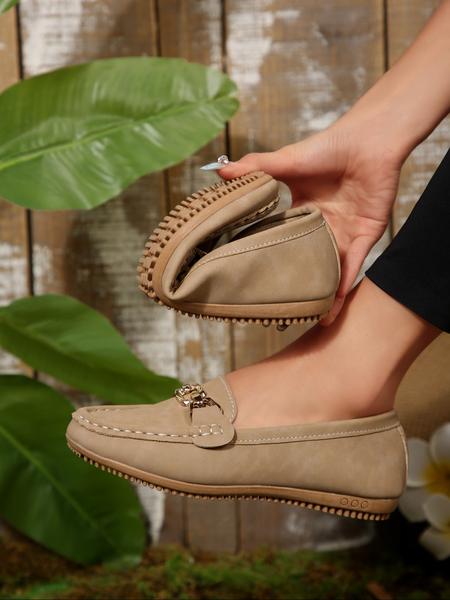 Women's Casual Round Toe Loafers, All-Season Slip-On Shoes, Comfortable Walking Flats, Metal Buckle Decor, Ideal for Work & Daily Wear