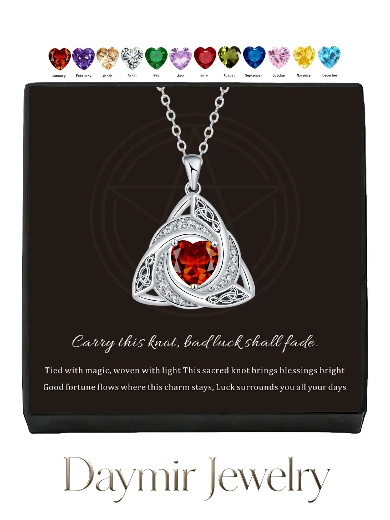 Mystical witch‑knot pendant necklace with twelve birth‑stones and resin finish, your everyday lucky‑charm accessory, a mysterious holiday gift choice for Valentine’s Day and Christmas