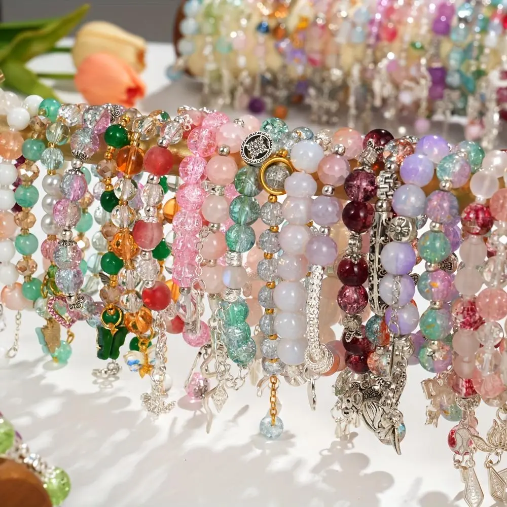 Women's 30pcs Assorted Mixed Rainbow Beaded Charm Bracelets & Bangles Set - Floral/Butterfly Heart Charms, Heart Pendants, Tangle-Resistant Elastic Cord, Cute Accessories, Ideal for Daily Wear & Gifting, Beautiful Colorful Pieces