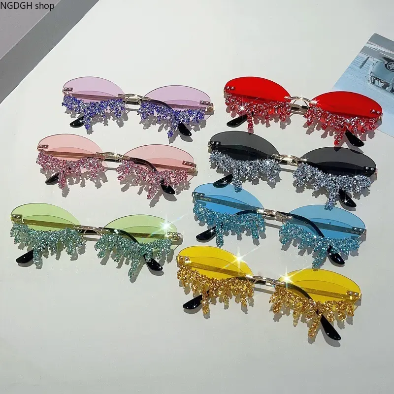 Women's Rimless Fringe Sunglasses with Crystal Rhinestones & Sparkling Dangles - Female Glasses Summer Sports & Outdoor Festival Beach Accessories, Rimless Frame, Tassel Fringe